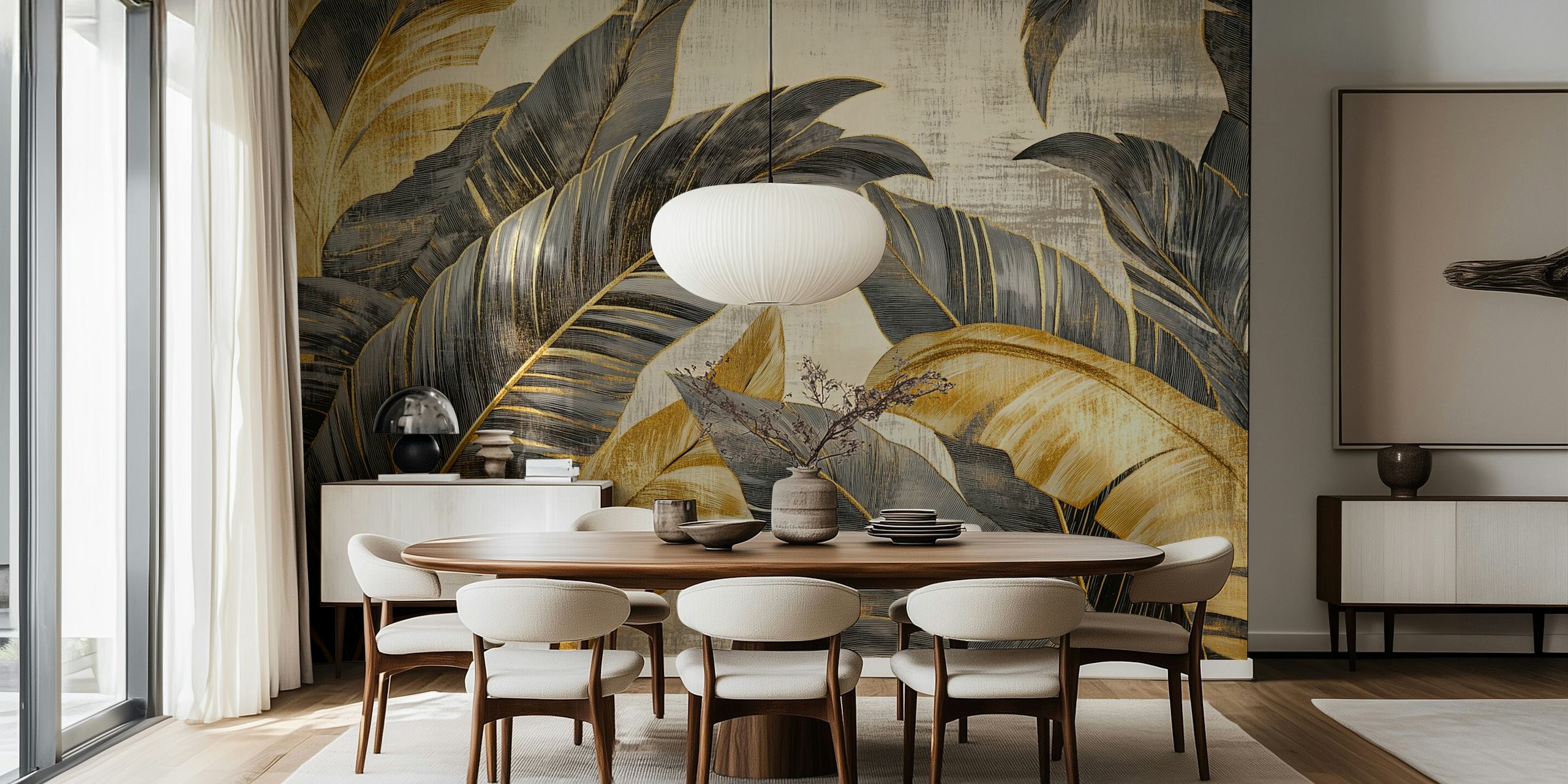 Tropical leaves in black and gold color scheme wallpaper