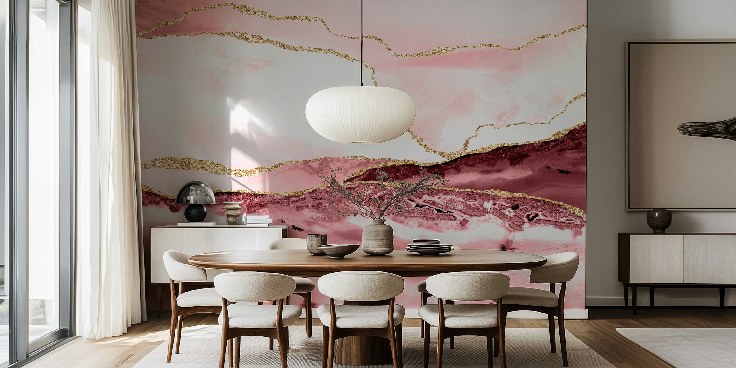 Pink marble waves with gold accents wallpaper