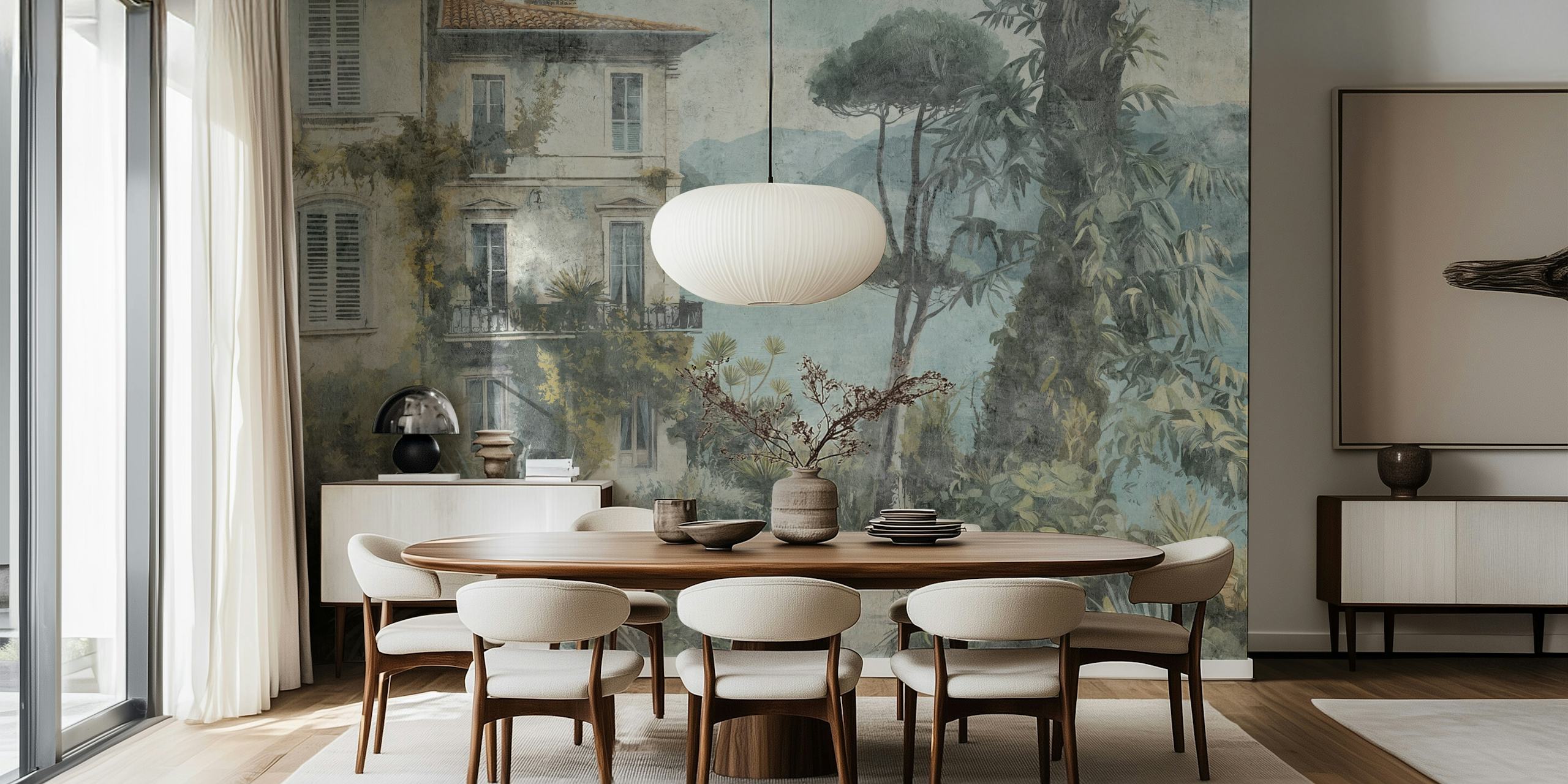 Mediterranean villa landscape with greenery and sea wallpaper