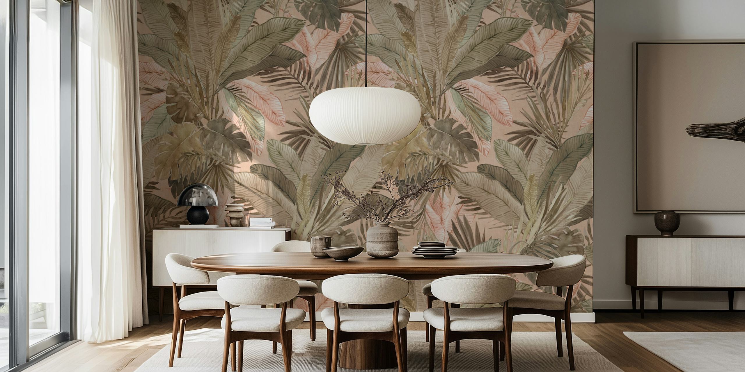 Tropical leaves in shades of sage and pink botanical wallpaper
