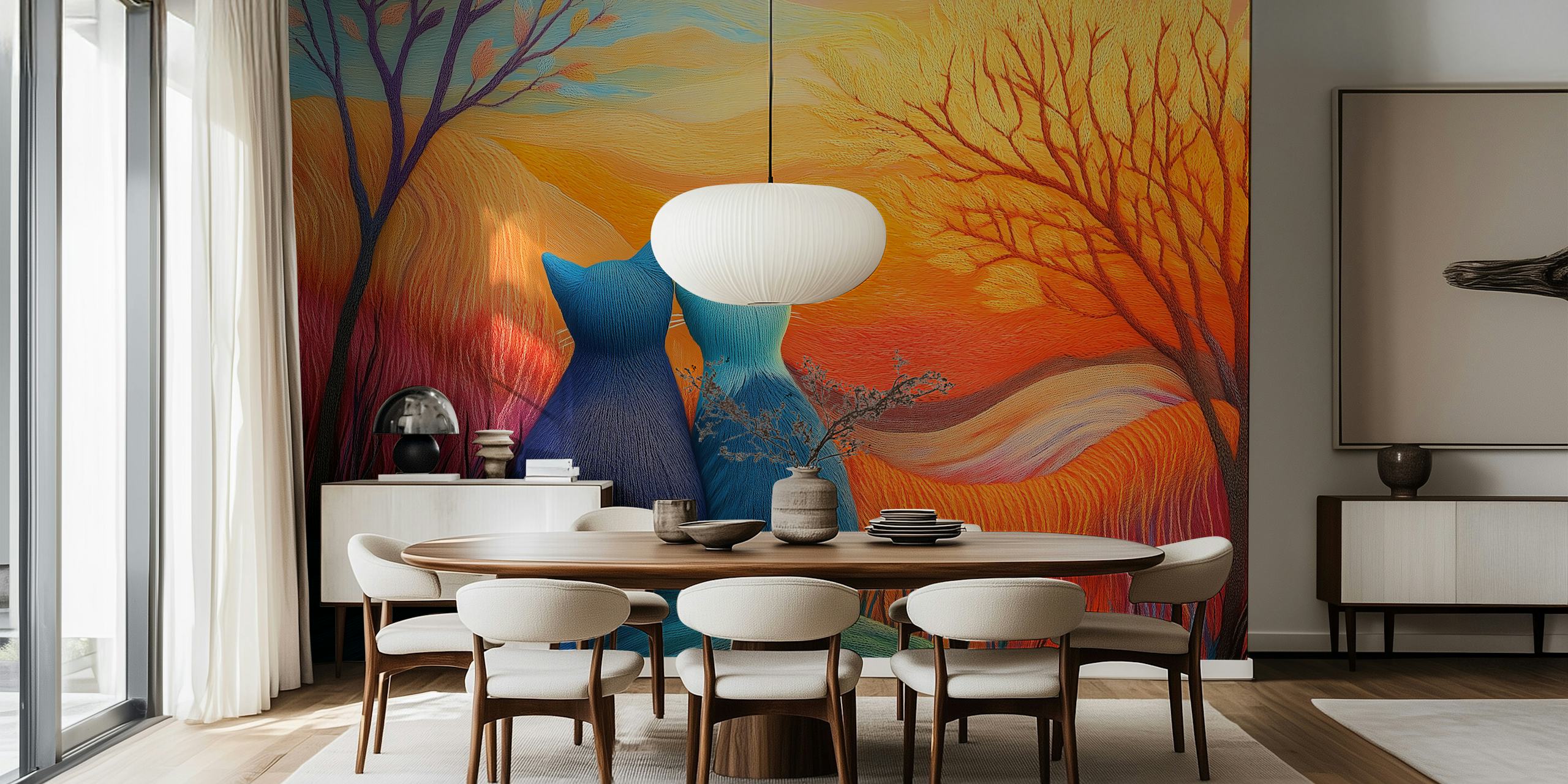 Sunset Cat Companions wallpaper in a room