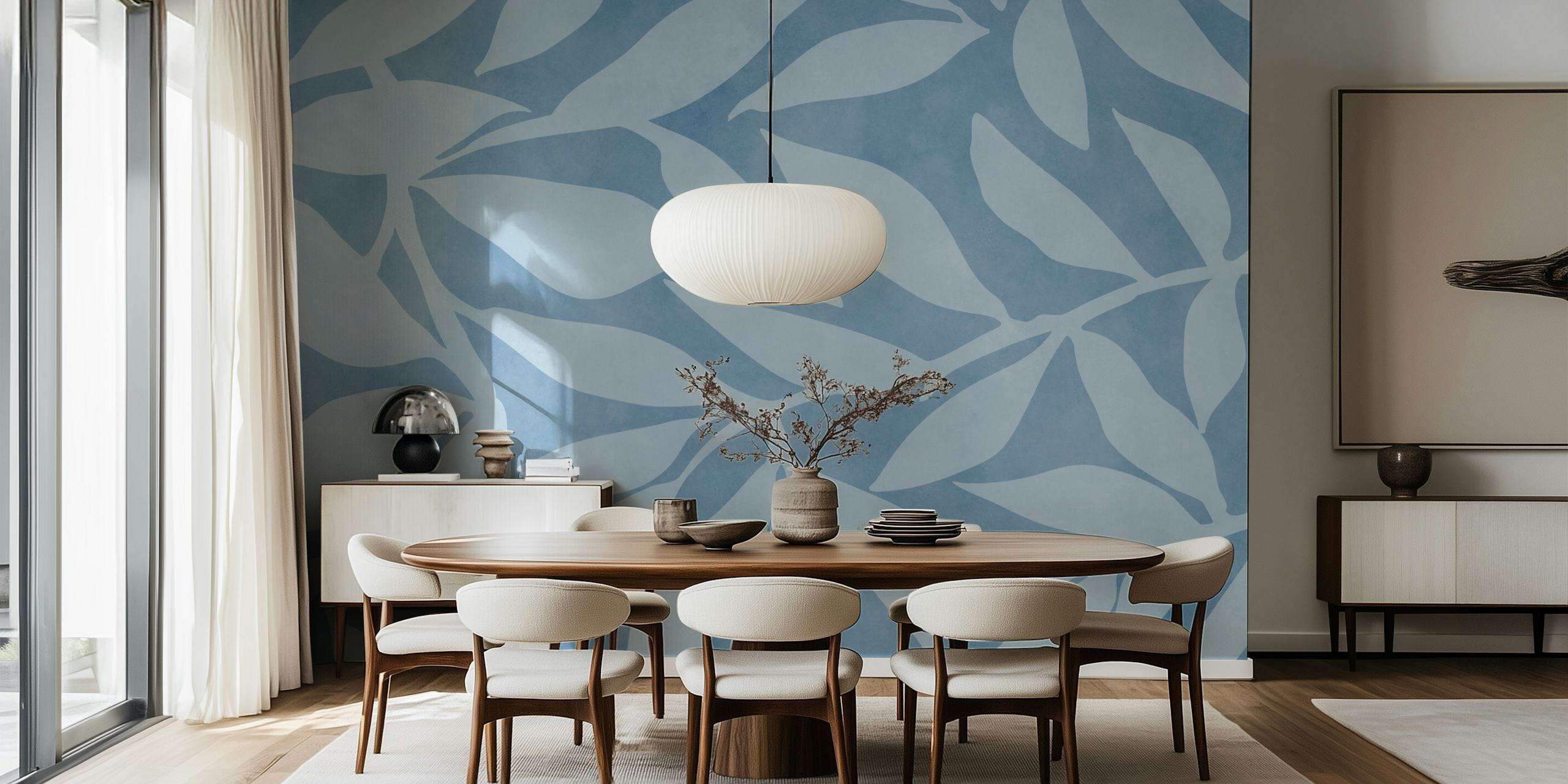 Serene Soft Blue Foliage behang in een kamer