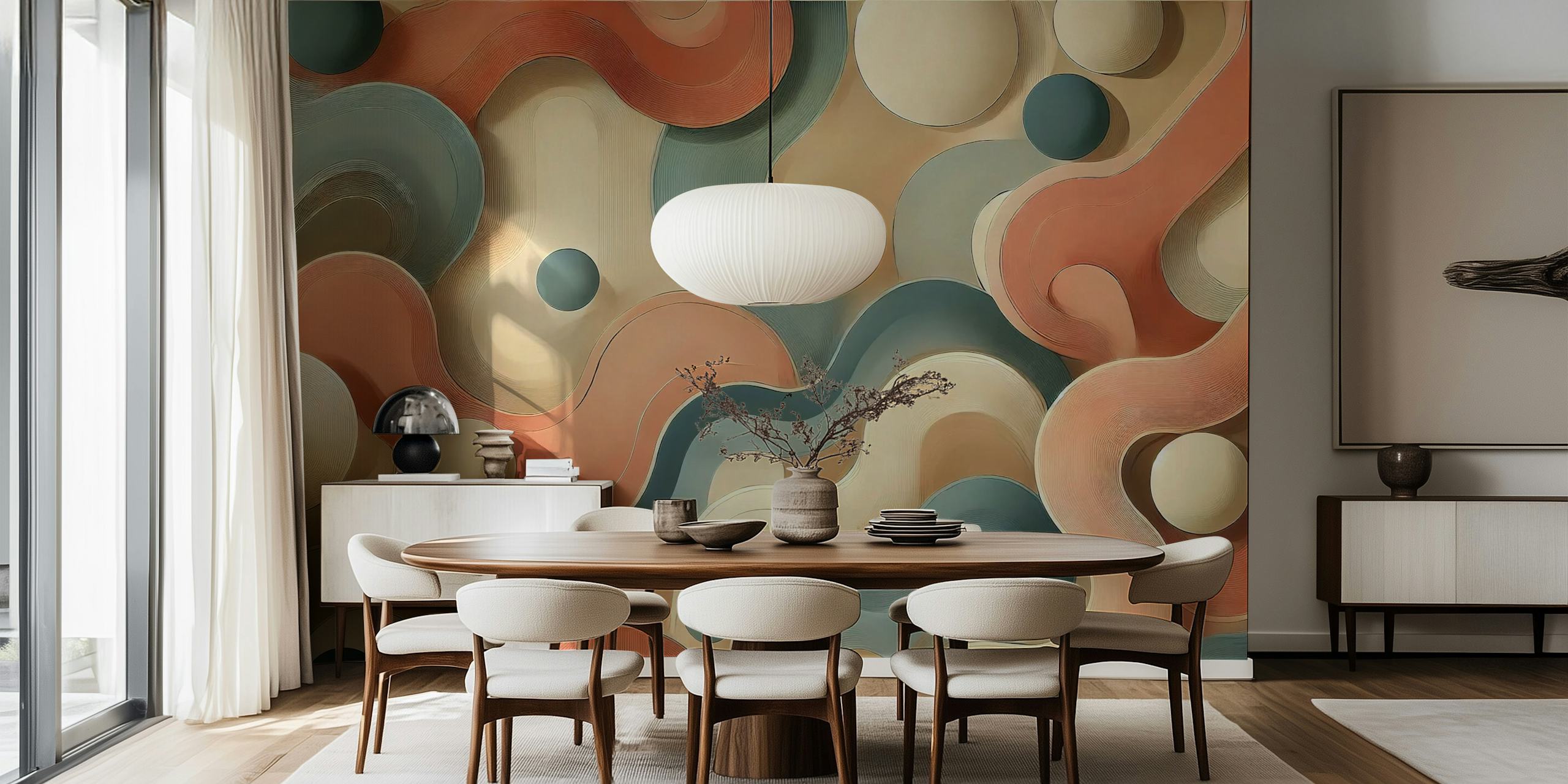 Curvy abstract shapes in peach, teal, and cream wallpaper