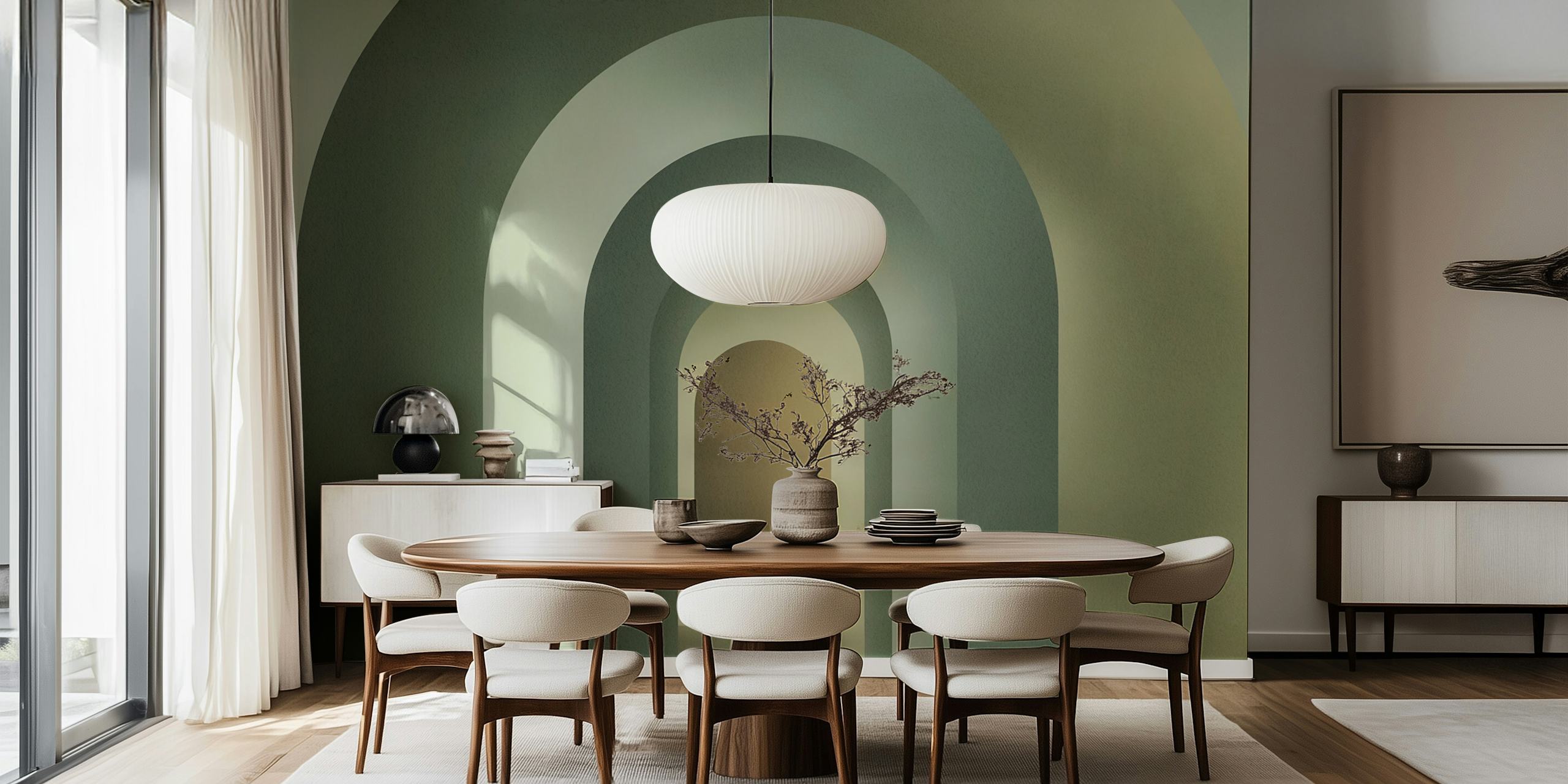 Arched shapes in soft greens and beige tones wallpaper