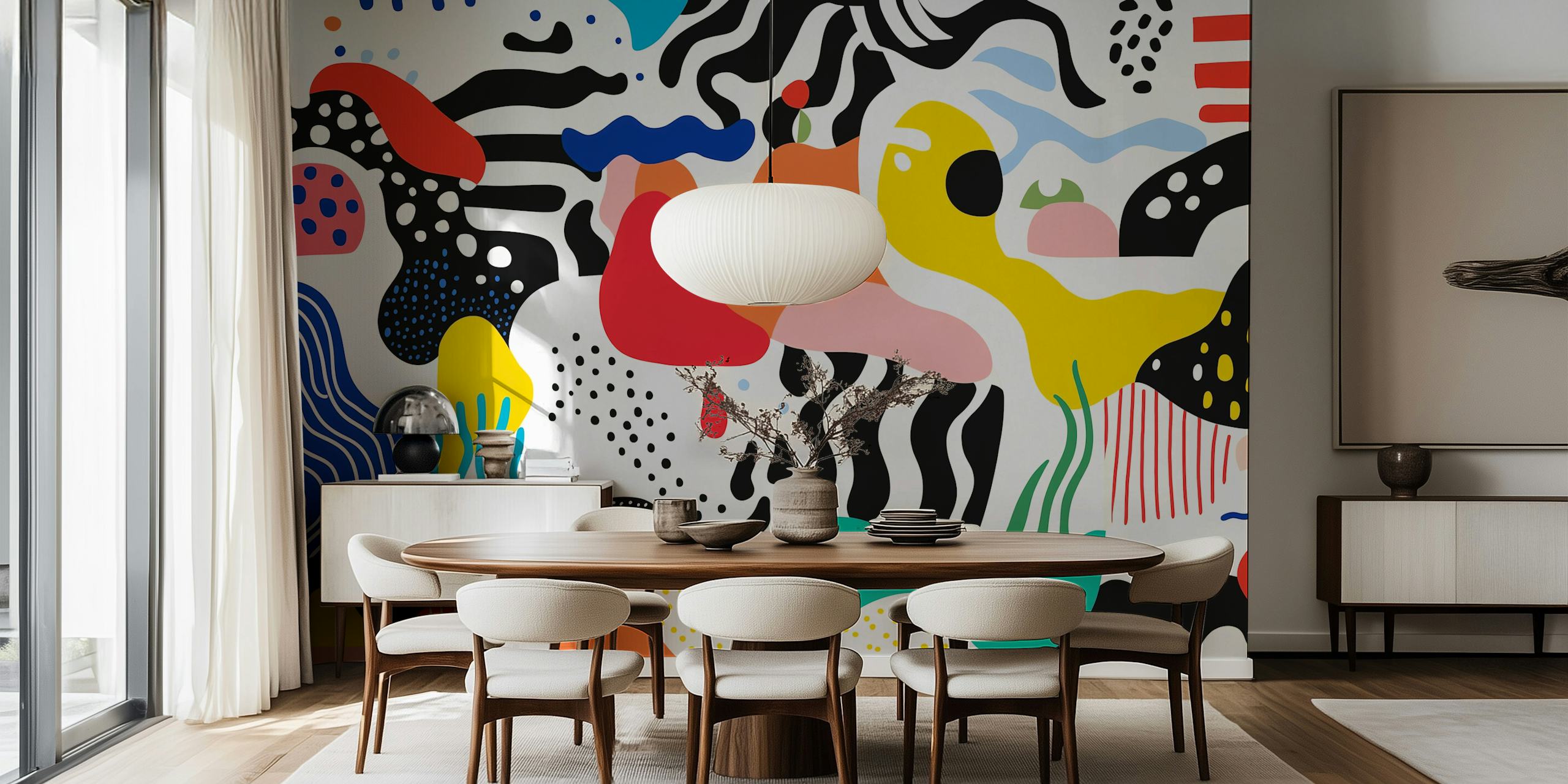 Colorful abstract shapes in black, white, red, and blue wallpaper
