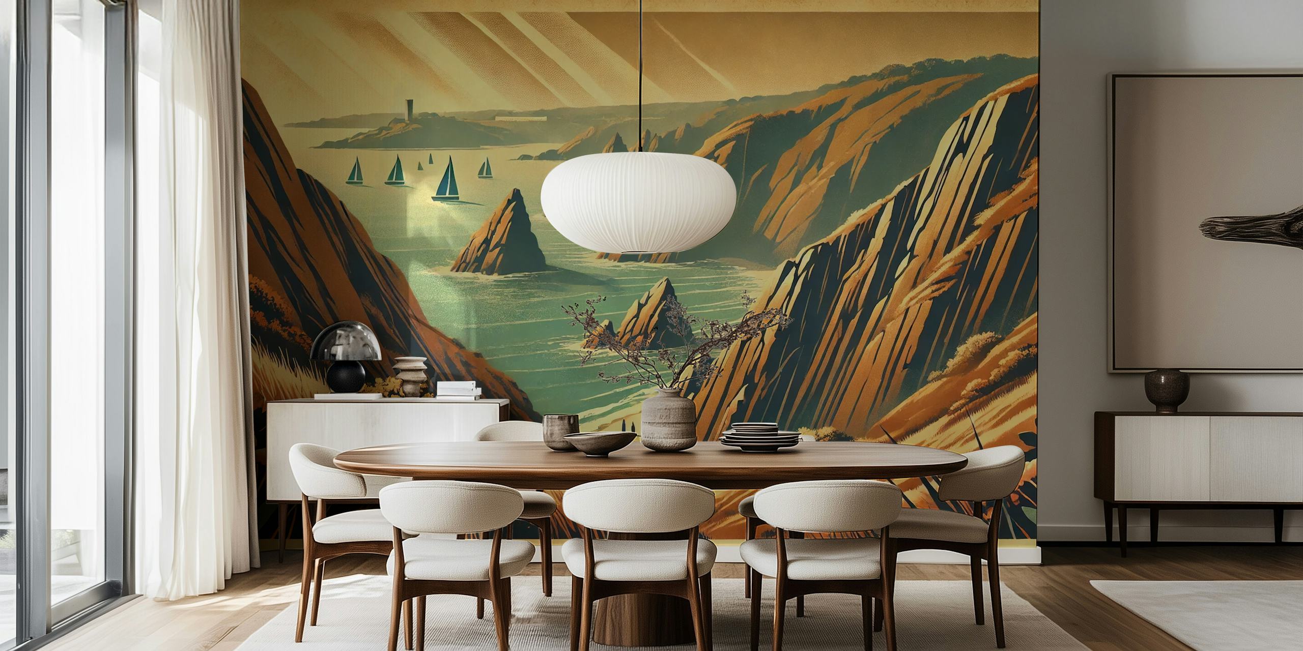 Cliffside landscape with sailboats, blue ocean, and warm tones wallpaper