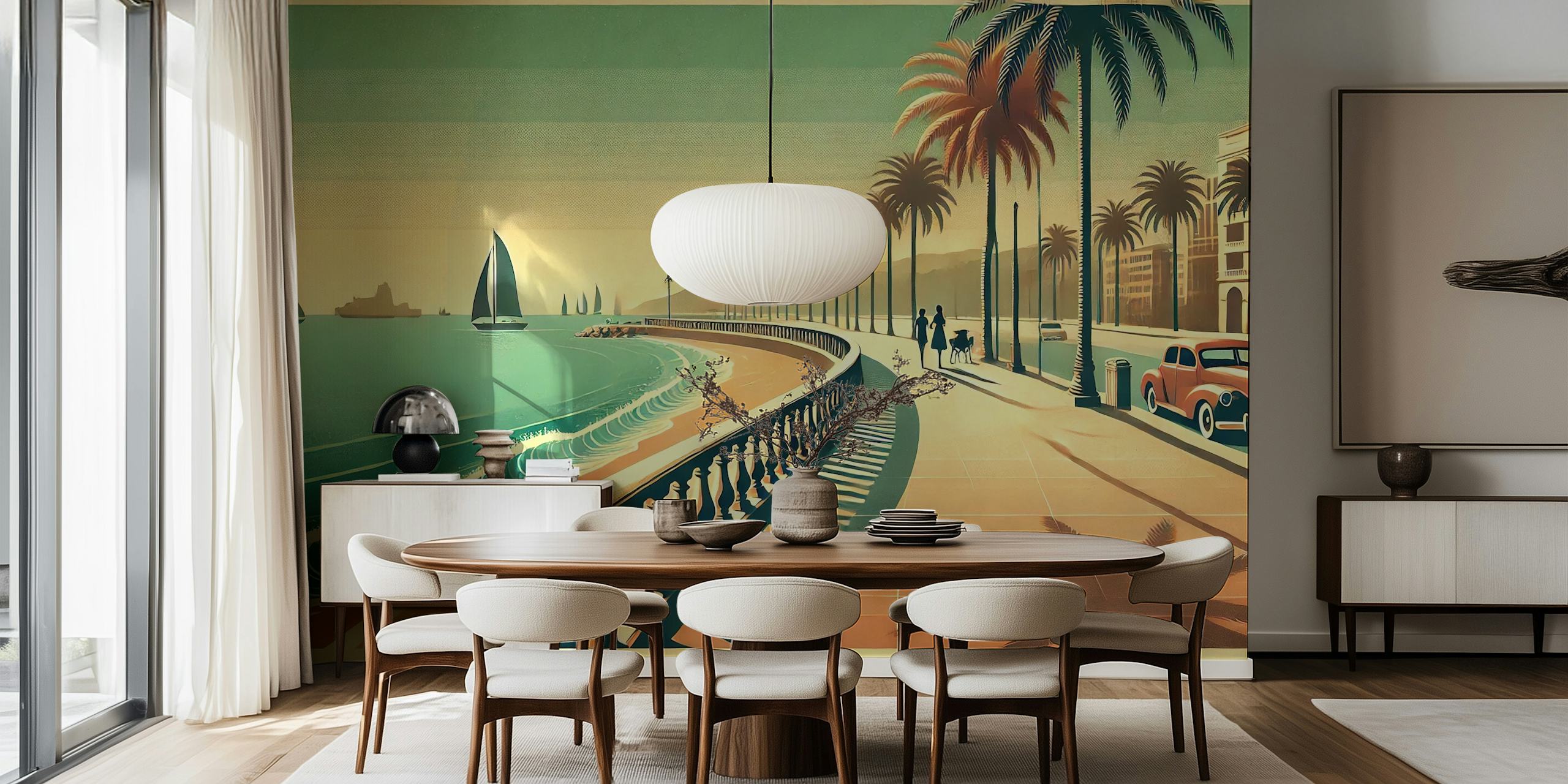 Vintage Coastal Promenade behang in een stijlvolle kamer