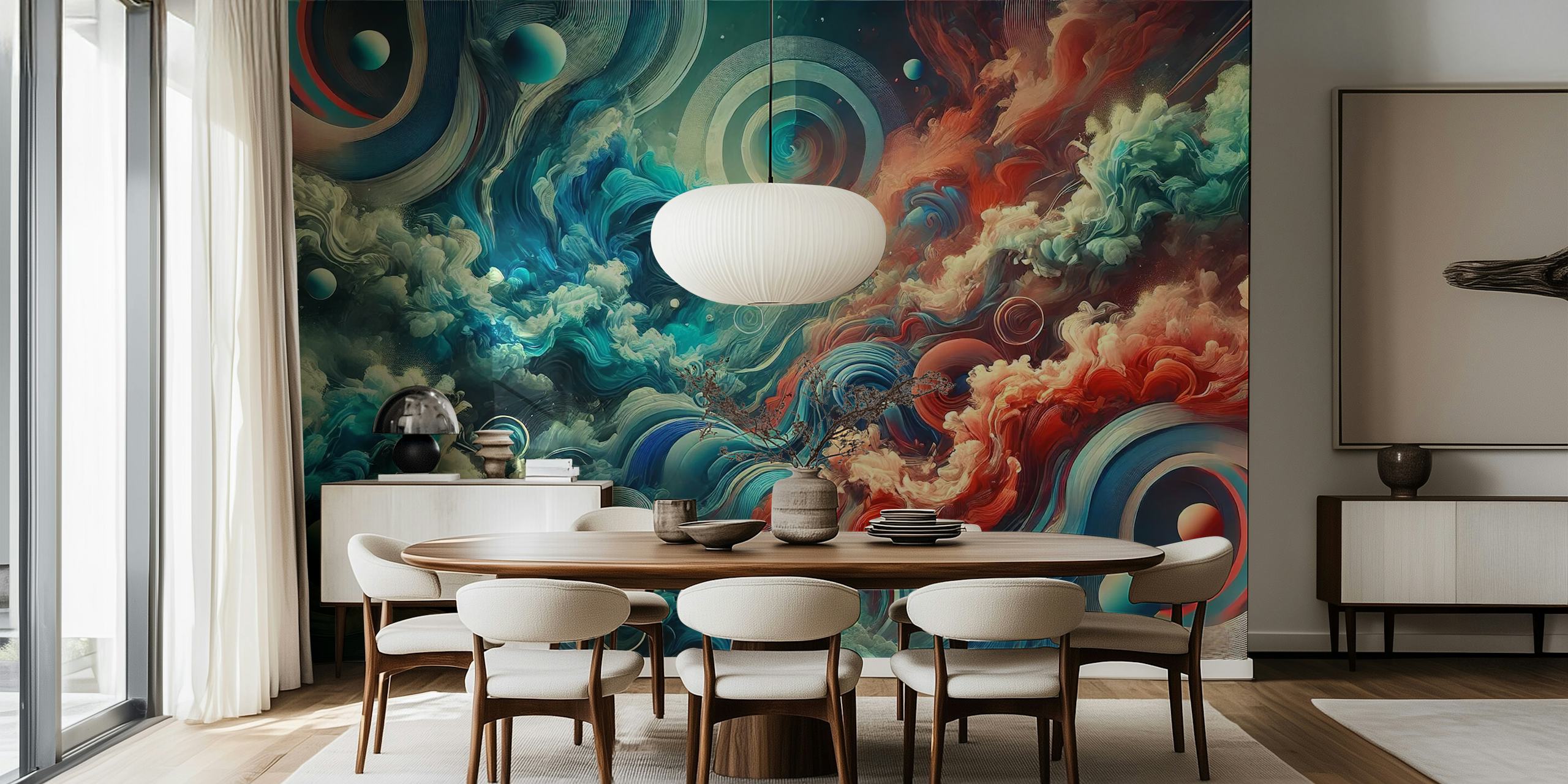 Colorful abstract swirls in red, blue, and cream wallpaper