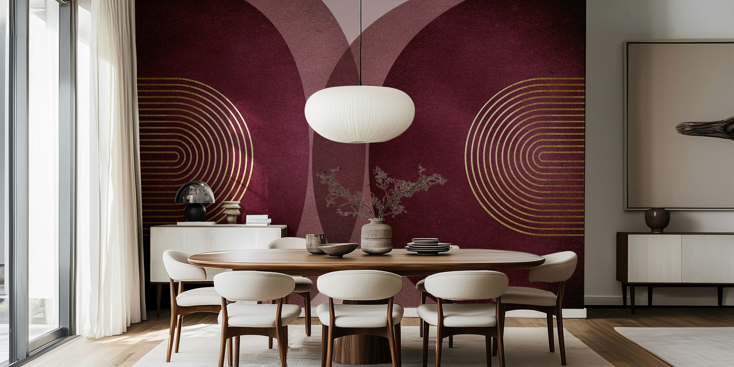 Burgundy and pink geometric wallpaper with curved patterns