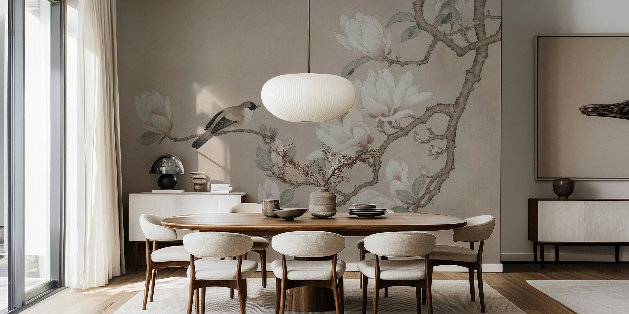 Magnolia flowers and a bird on branches, soft colors wallpaper