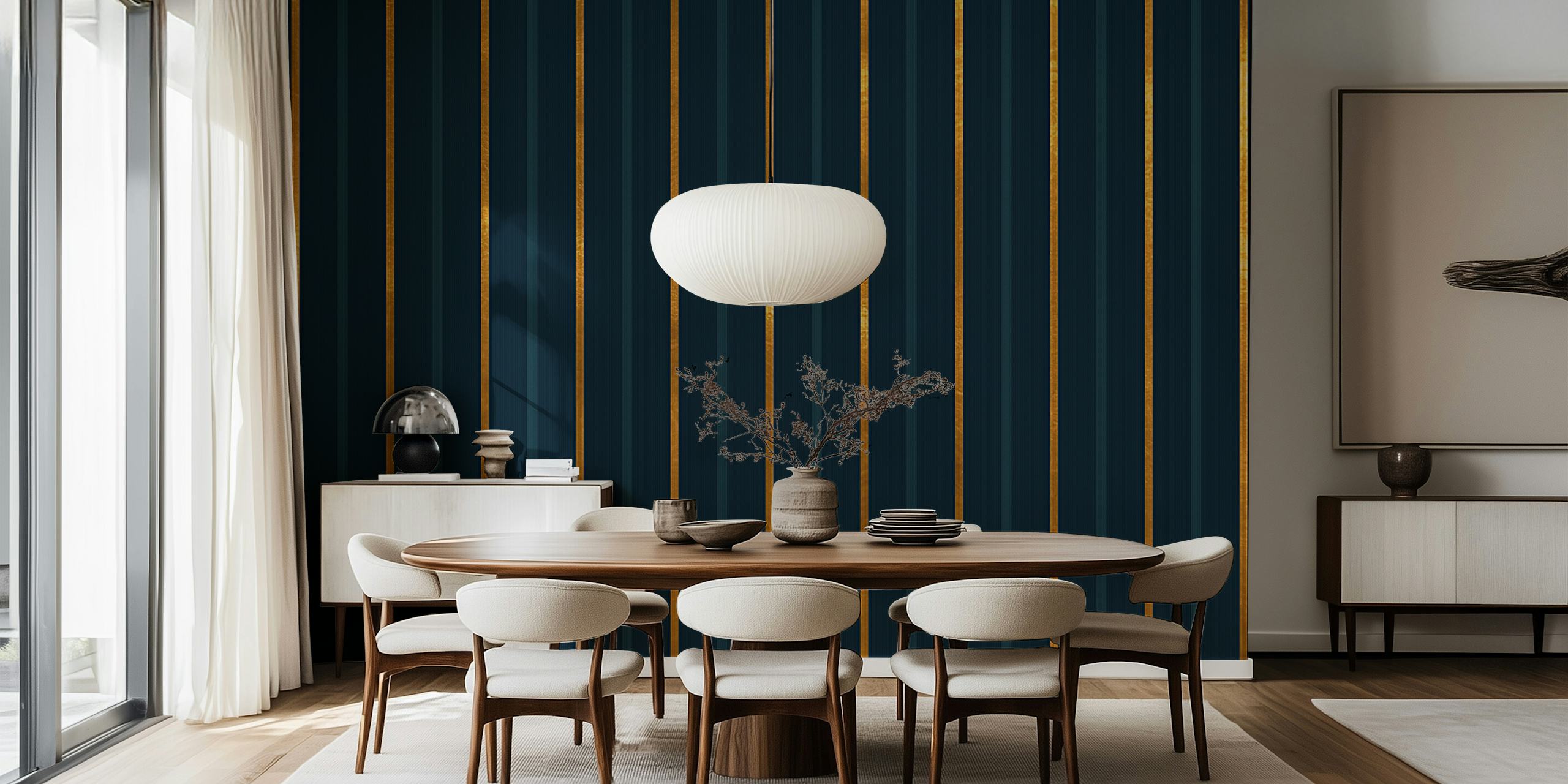Old Money Classic Stripes Copper Gold Blue carta da parati in una stanza