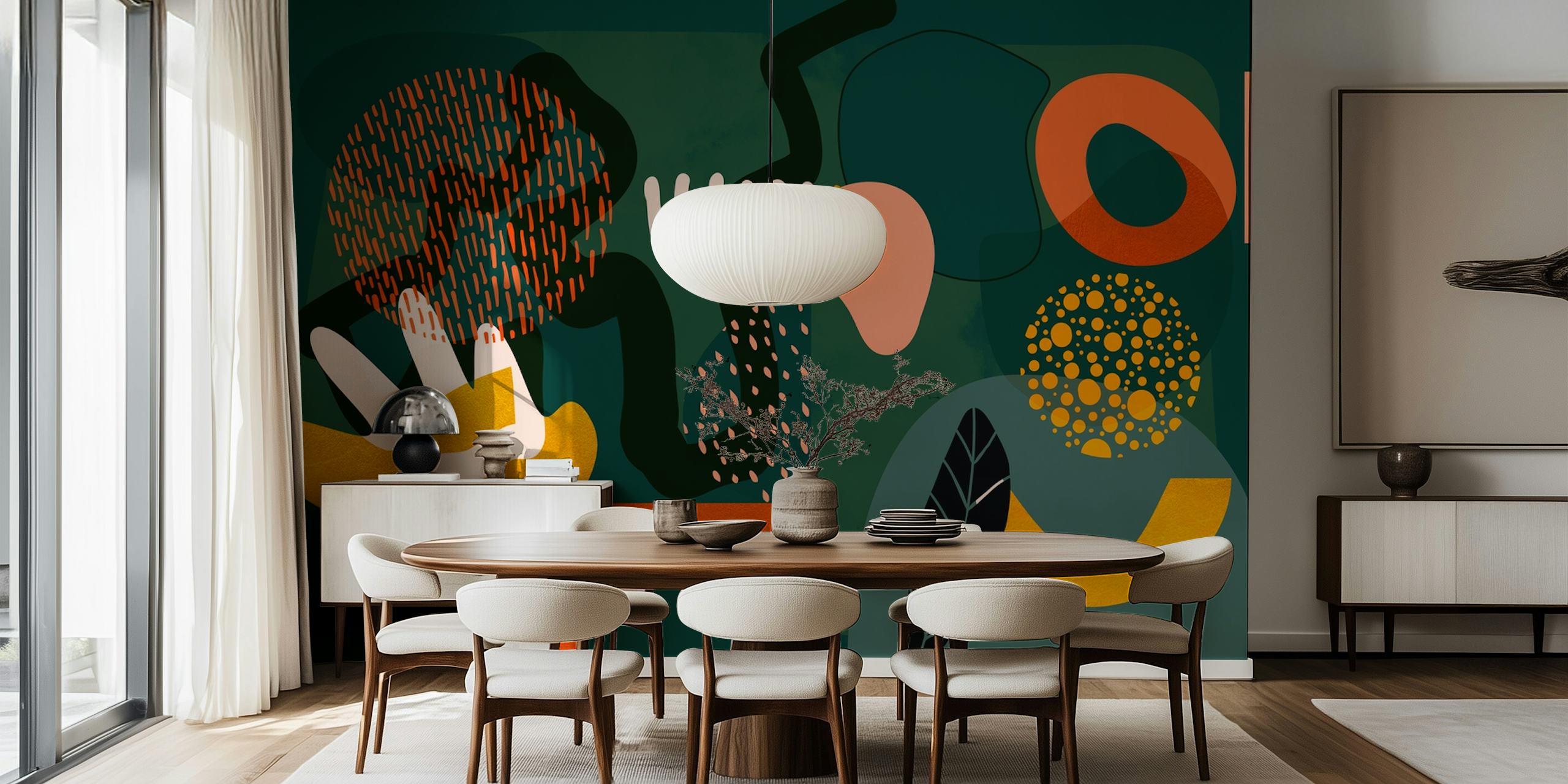 Abstract shapes in earthy tones of green, orange, and yellow wallpaper