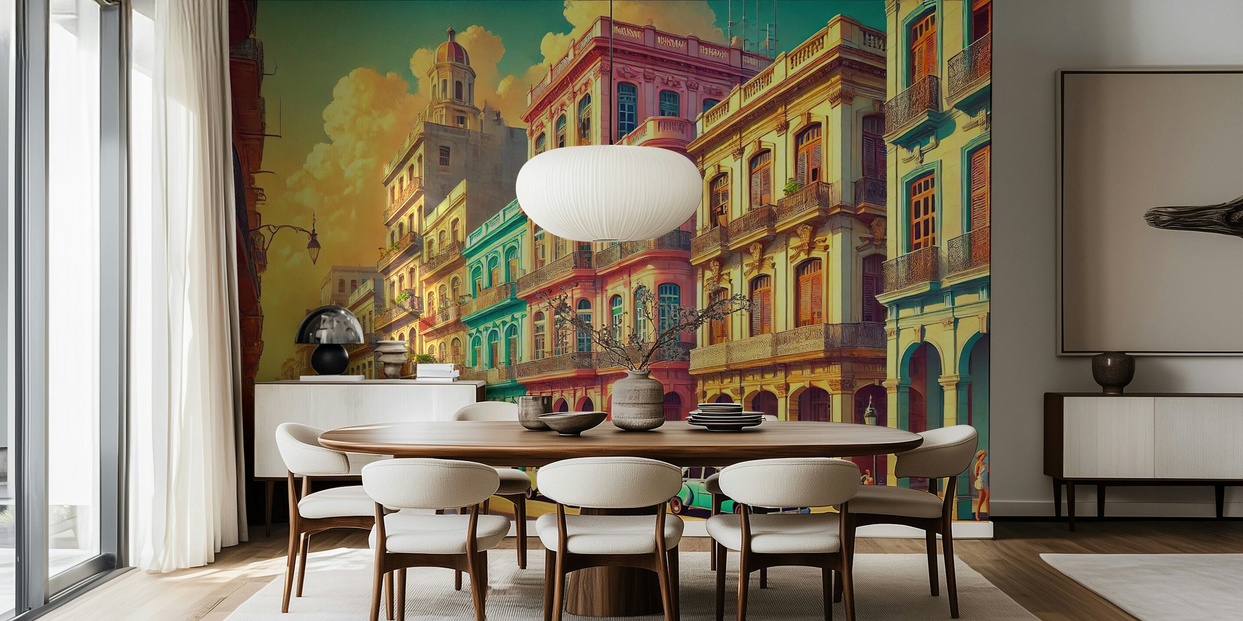 Colorful vintage Havana street scene wallpaper with classic cars