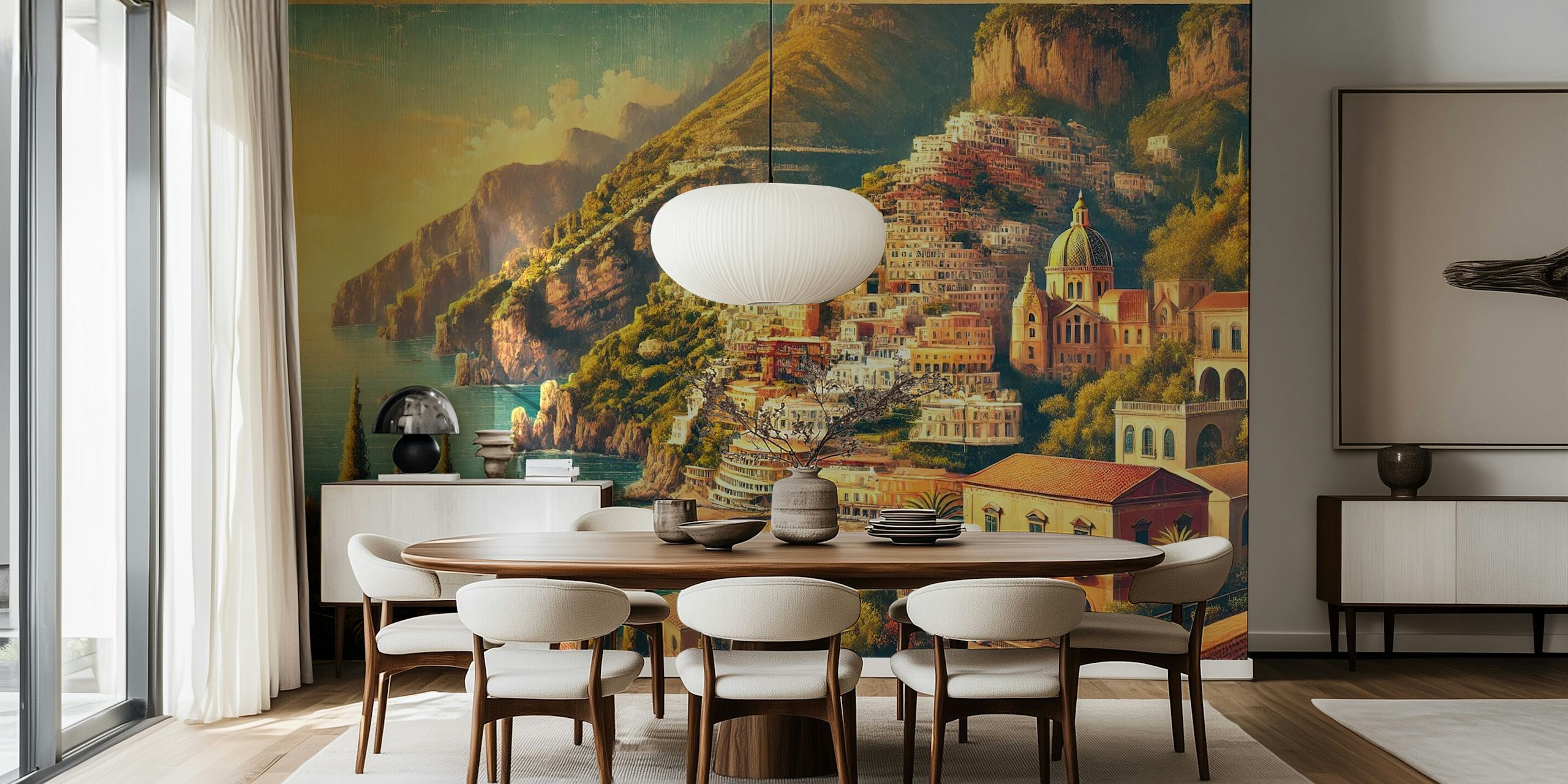 Vintage Amalfi Coast view with colorful buildings, sea, mountains wallpaper