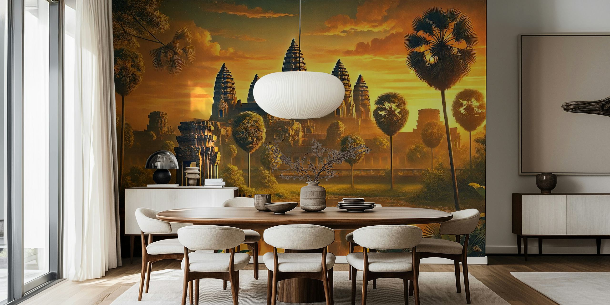 Angkor Wat temple during sunset with palm trees and vibrant colors wallpaper