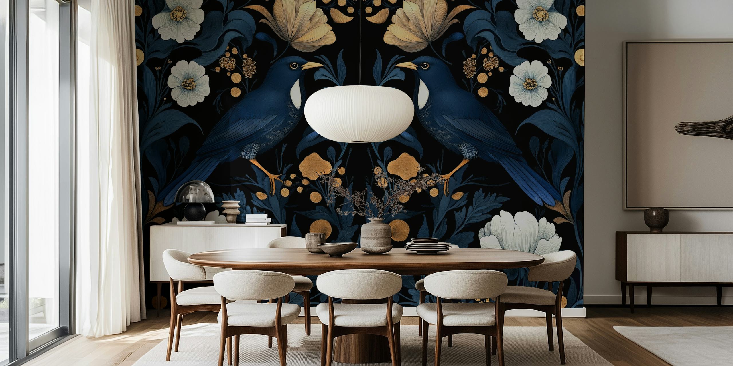 Elegant Bluebird Blossom wallpaper in a room