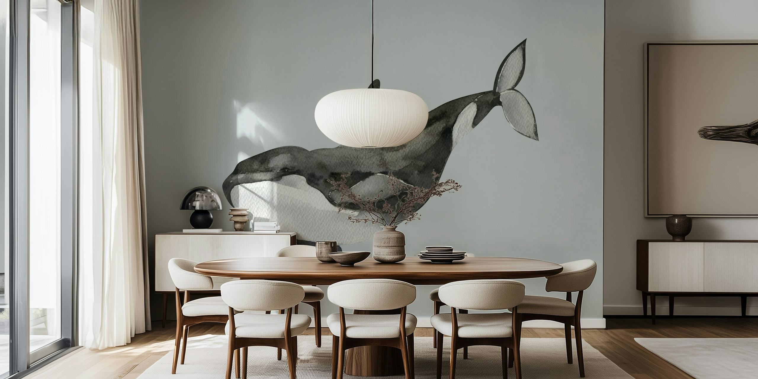 Watercolor orca swimming in grey tones wallpaper