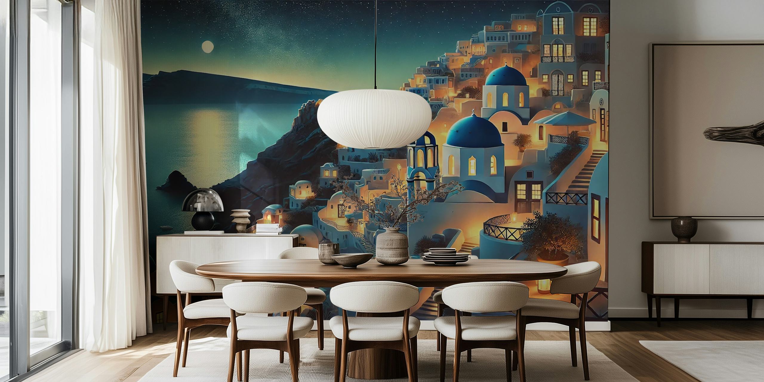 Vintage Santorini Night Poster tapet i et rom