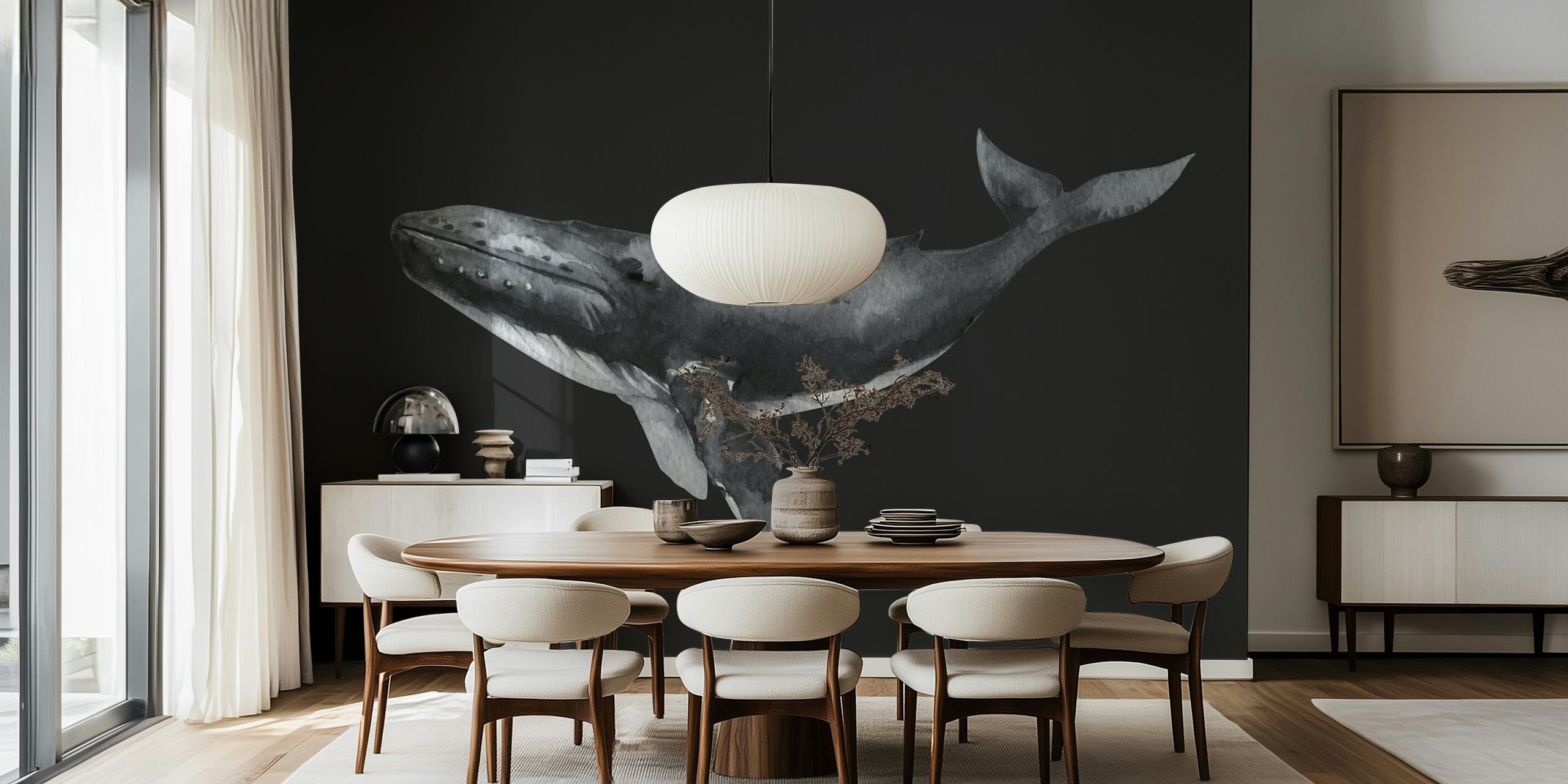 Black-gray whale silhouette on dark background wallpaper