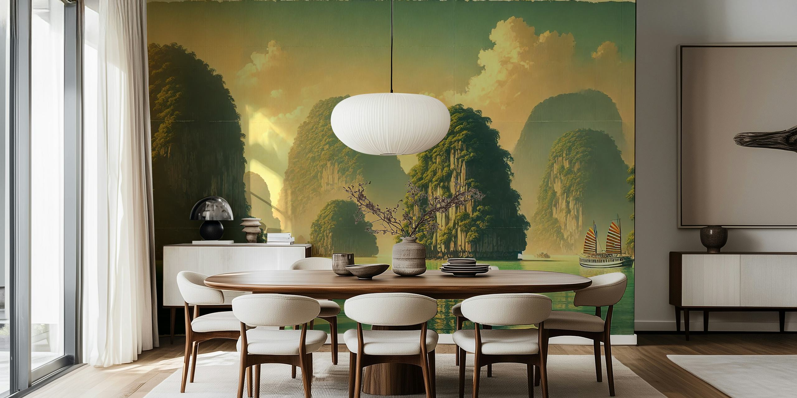 Ha Long Bay landscape with rocky formations and boats in green and blue wallpaper