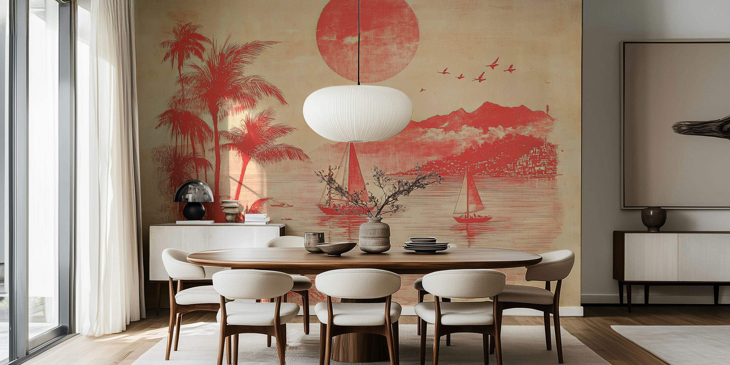 Engraved wallpaper featuring red palm trees and boats against a sunset