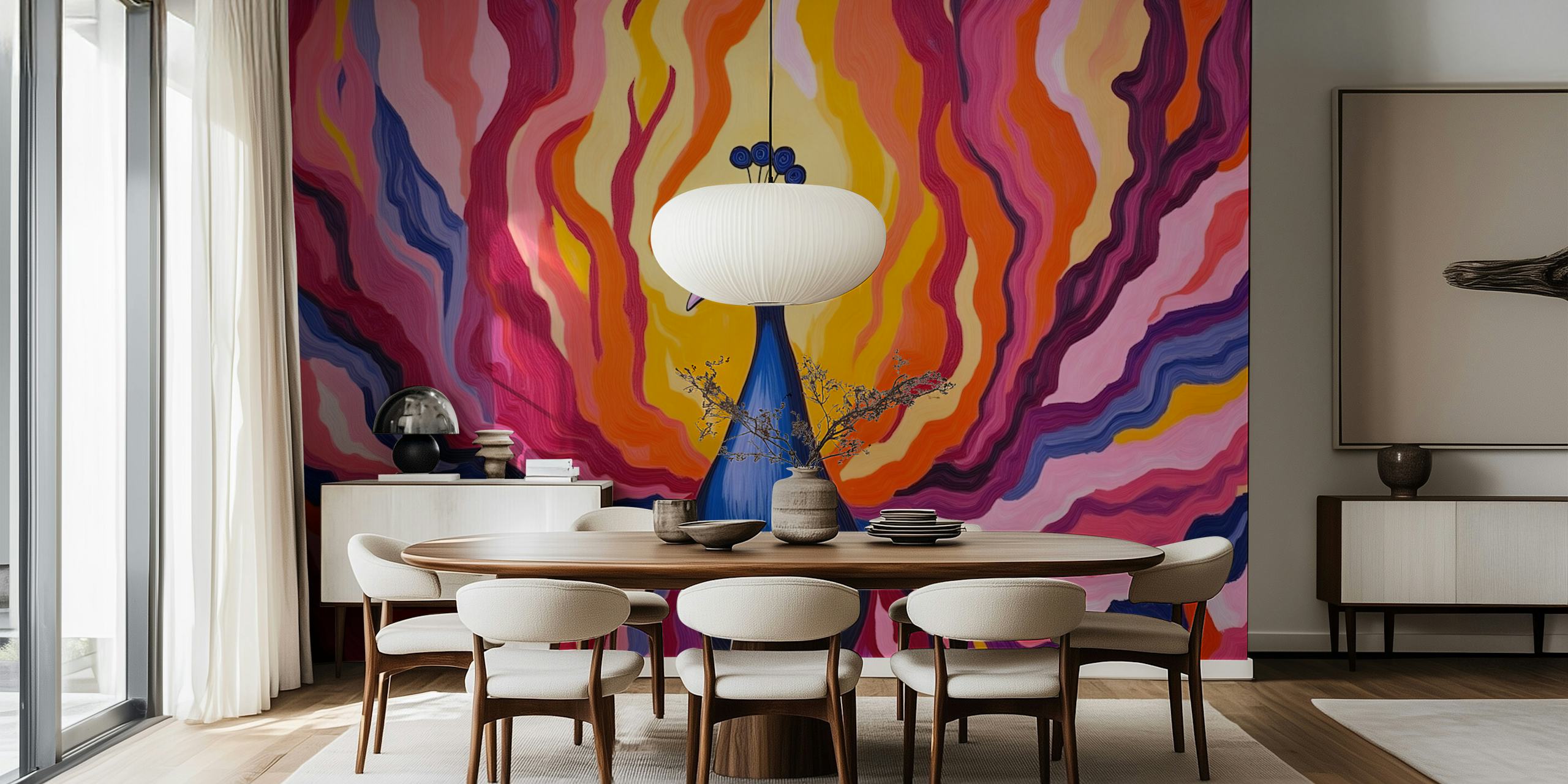 Colorful peacock with a blue body and bright background stripes wallpaper