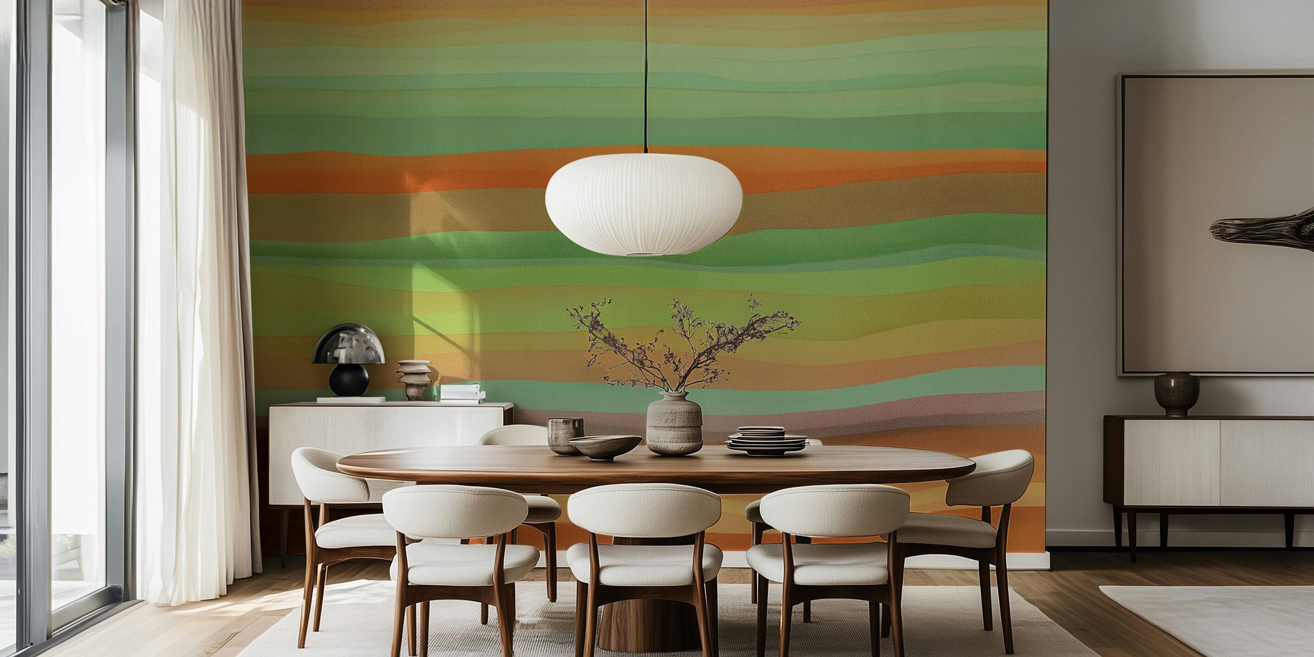 Striped wallpaper in earth tones: greens, oranges, browns, soft abstract design
