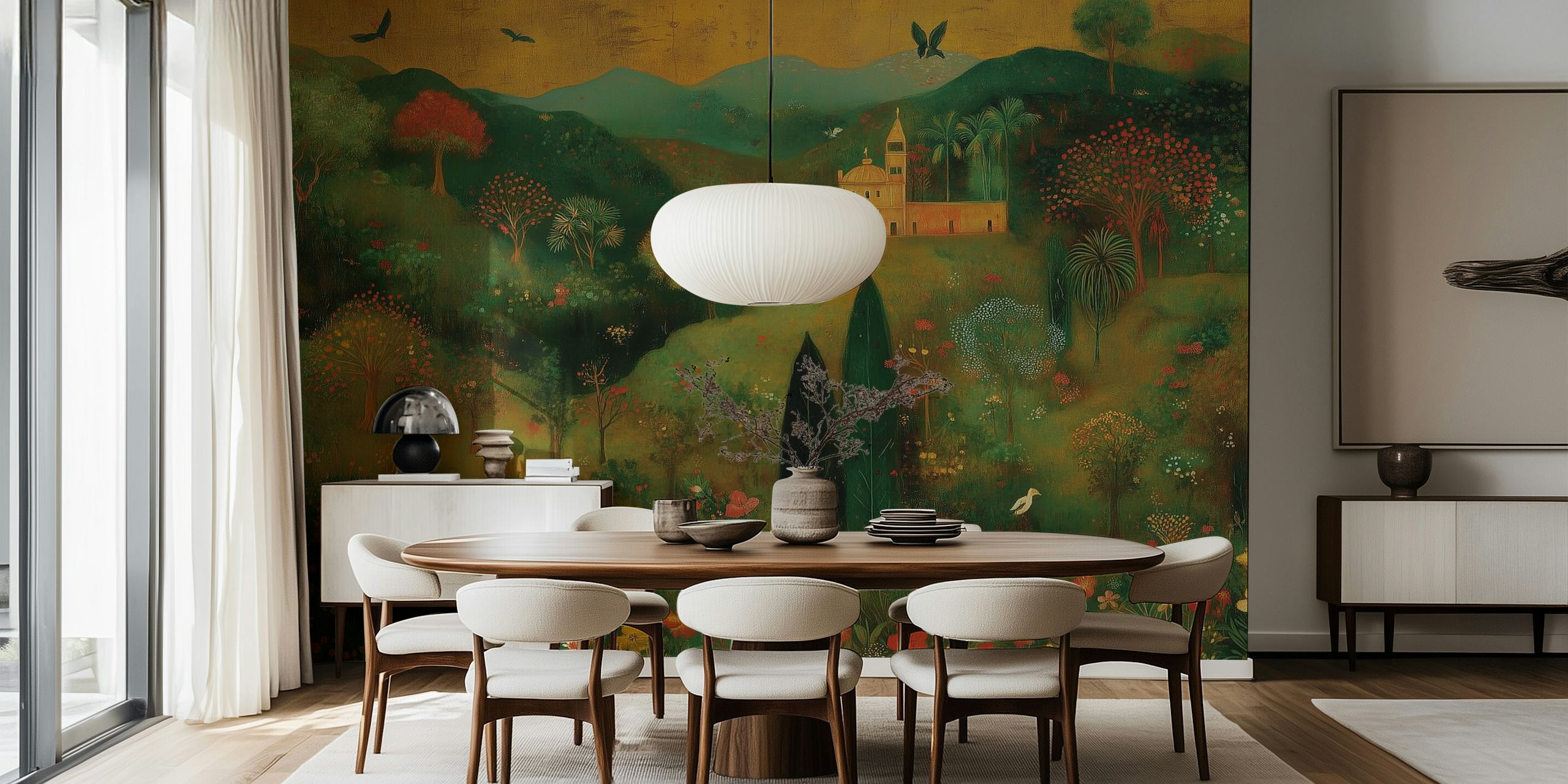 Serene countryside wallpaper in a room