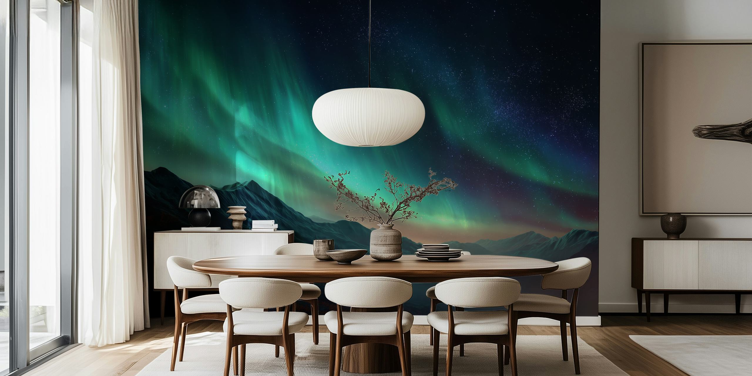 Northern Lights over mountains and trees with starry night sky wallpaper