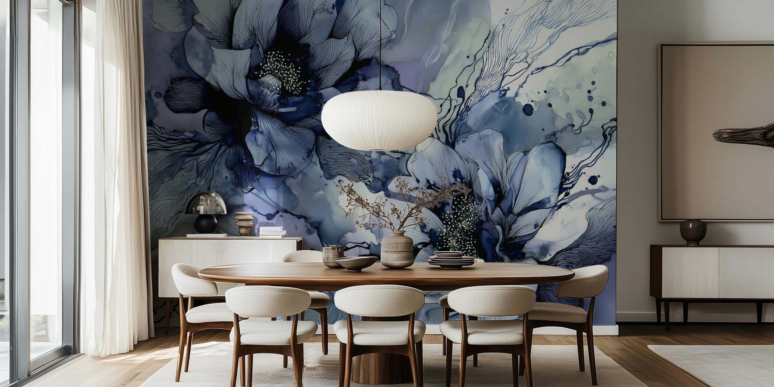 Indigo and blue floral design with fine line details wall mural
