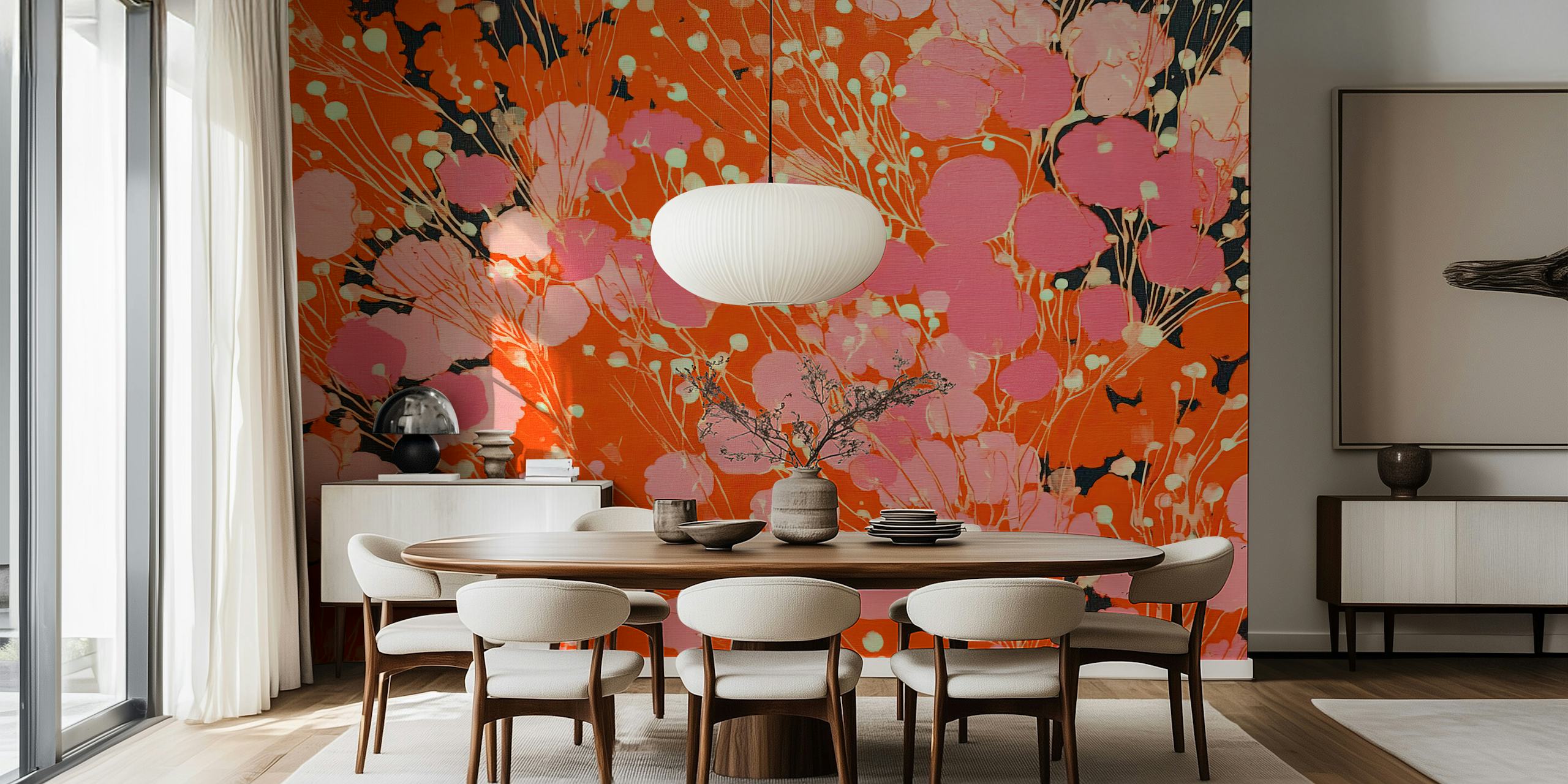 Pink floral patterns with orange background wall mural
