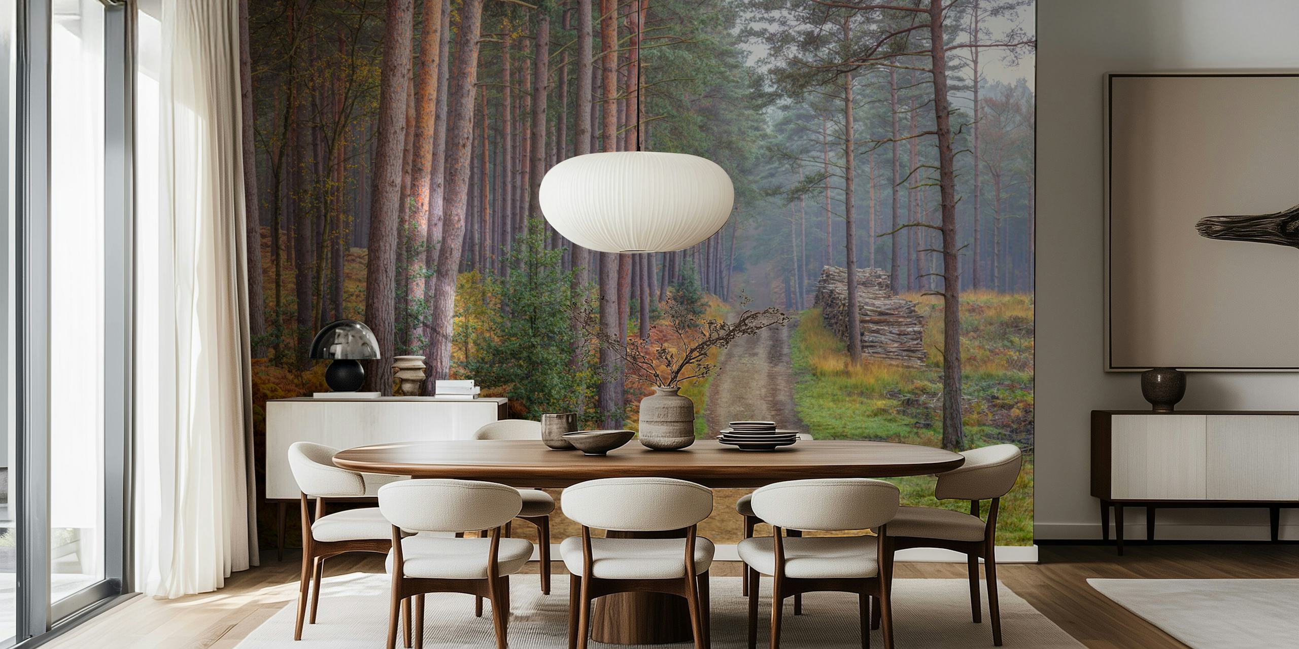 Papel de parede Serene Road Through Autumn Splendor em um quarto