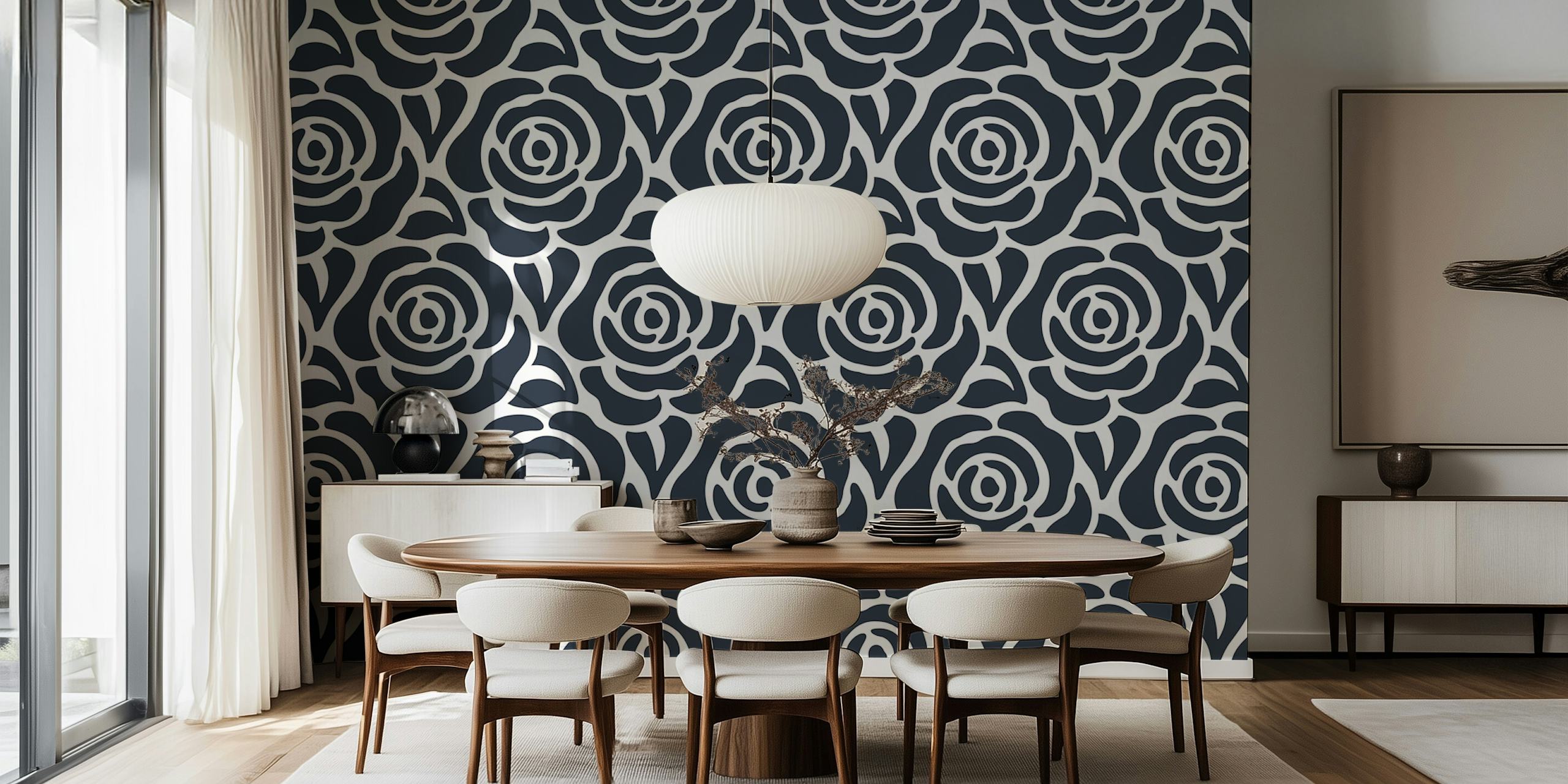 Papier peint noir et blanc Blooming roses pattern black and white