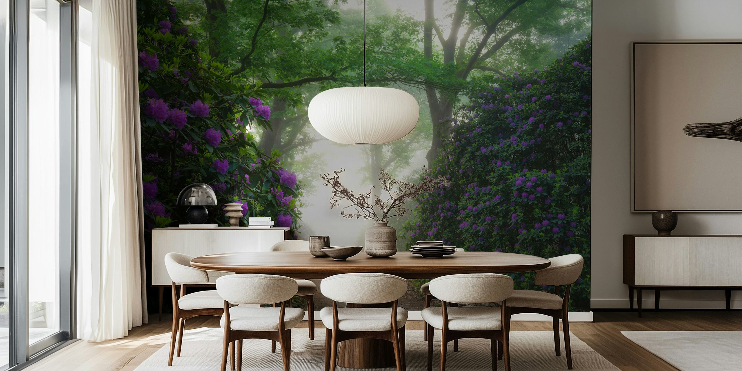 Rhododendrons in foggy garden pathway ταπετσαρία