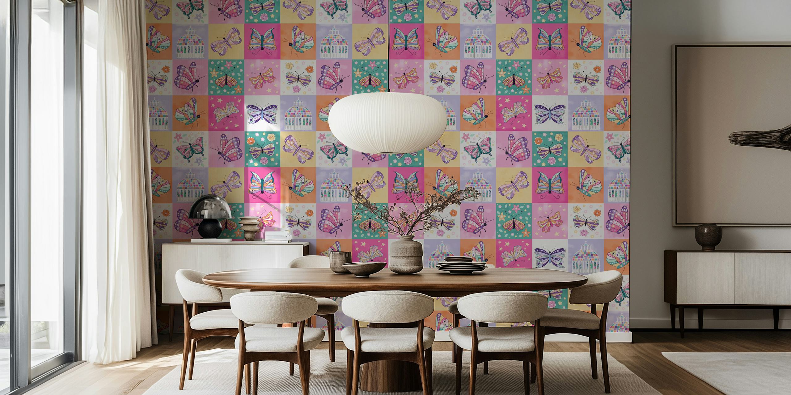 Colorful butterfly illustrations in a patchwork design wallpaper