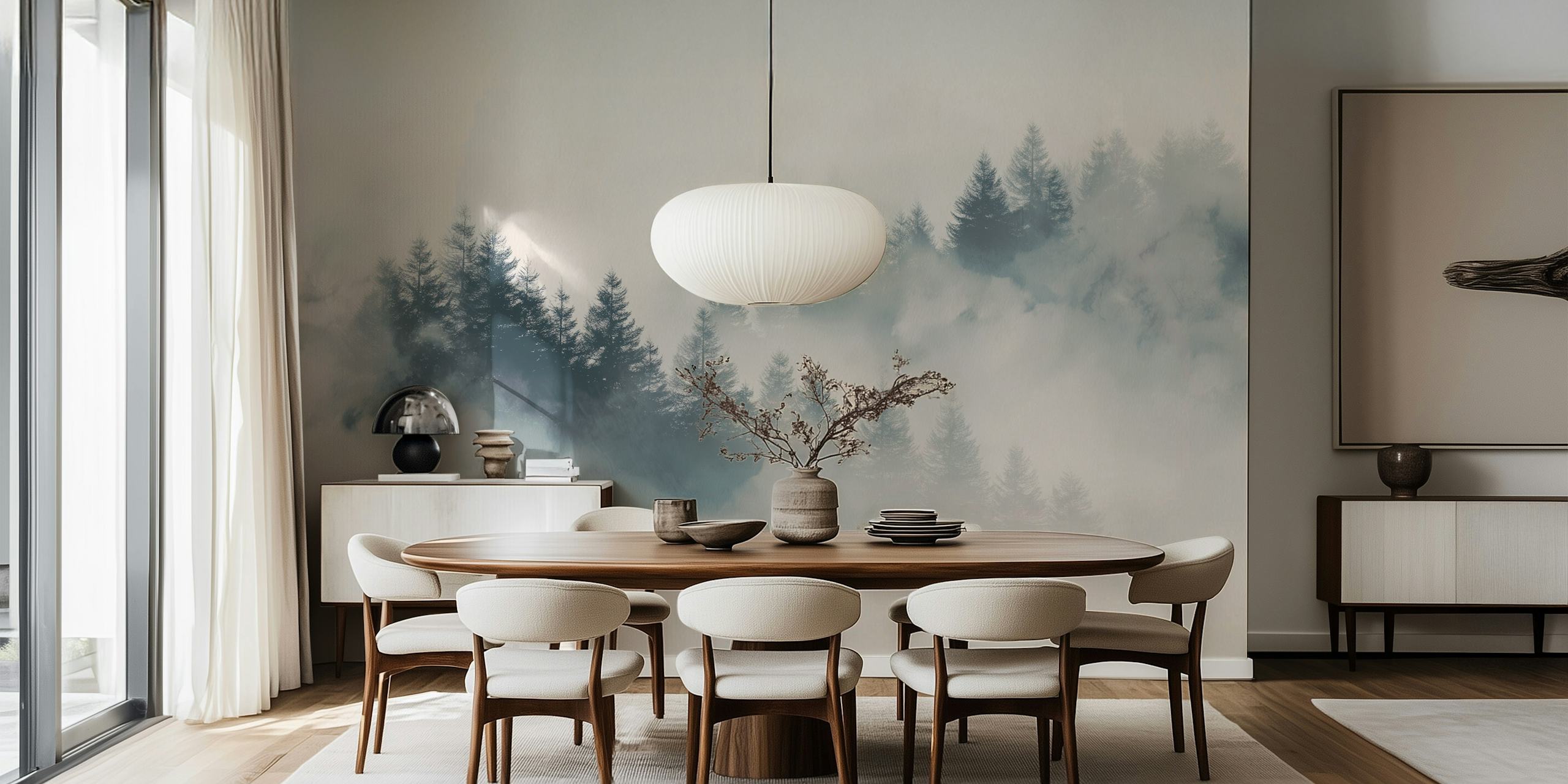 Papel de parede Foggy Tree Silhouette em um quarto