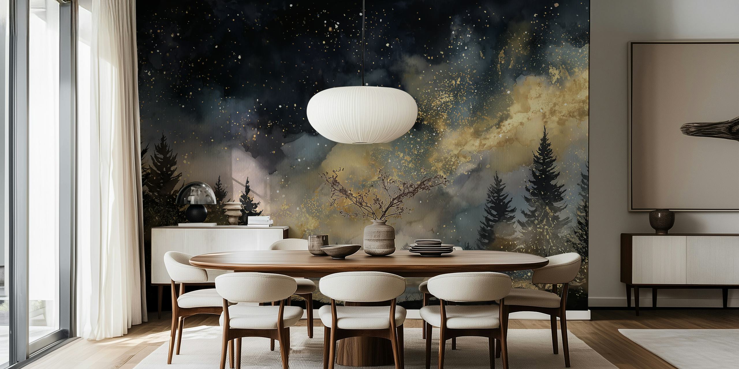 Starry night forest with dark blue hues and golden accents wallpaper