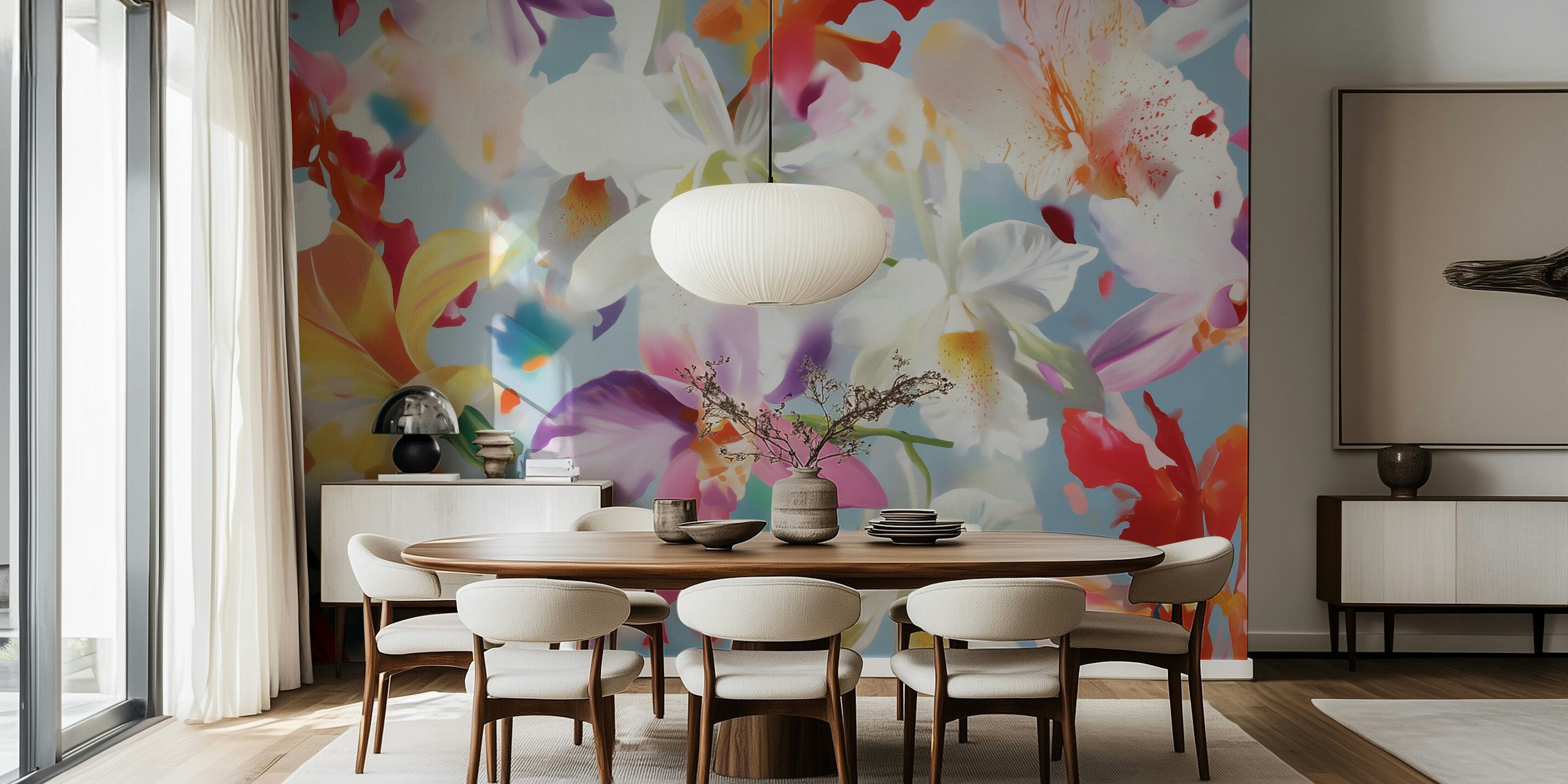 Colorful orchids in pink, white, and yellow on blue background wallpaper