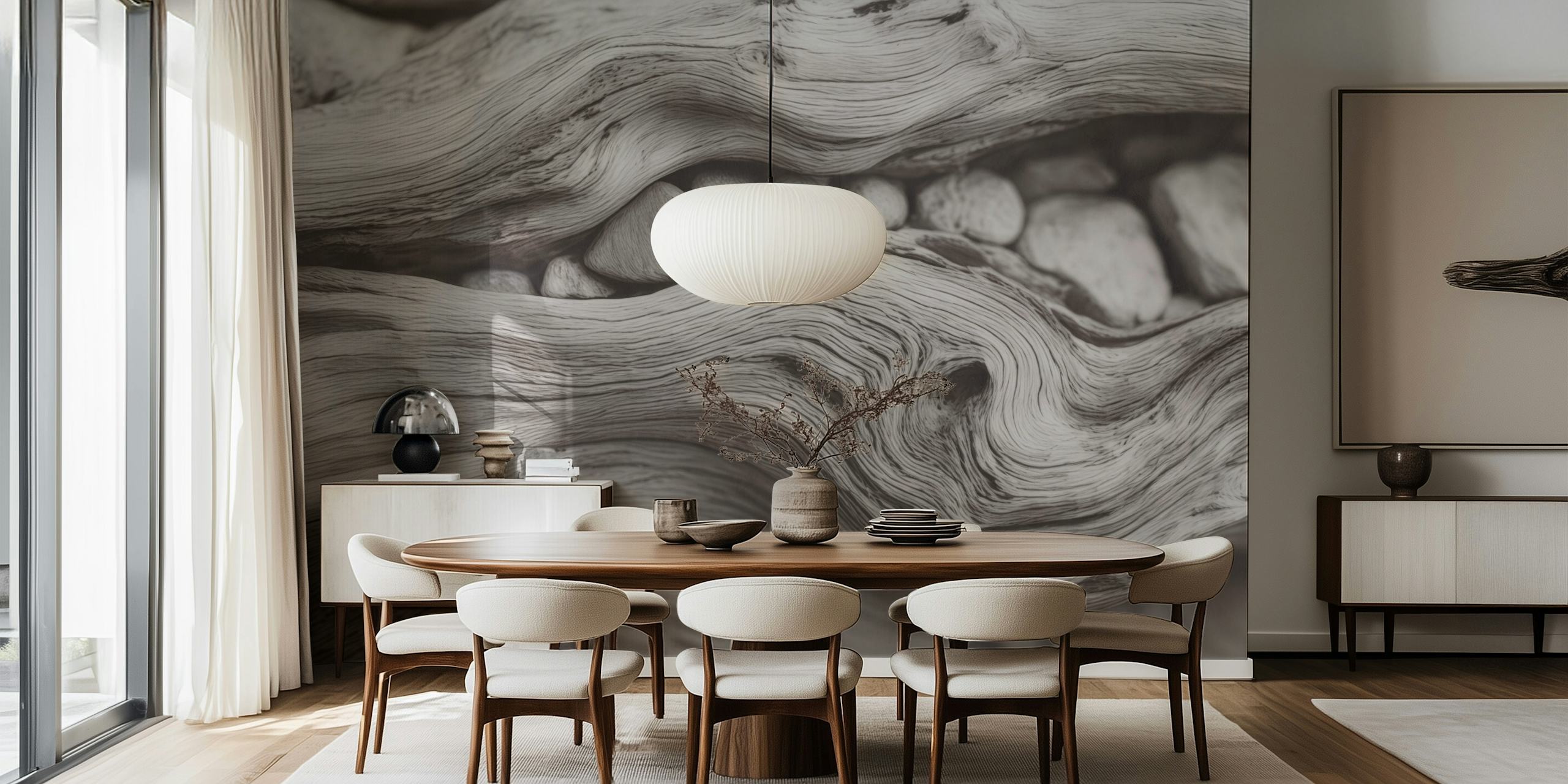 Pebble Driftwood Coastal Calm wallpaper in a room