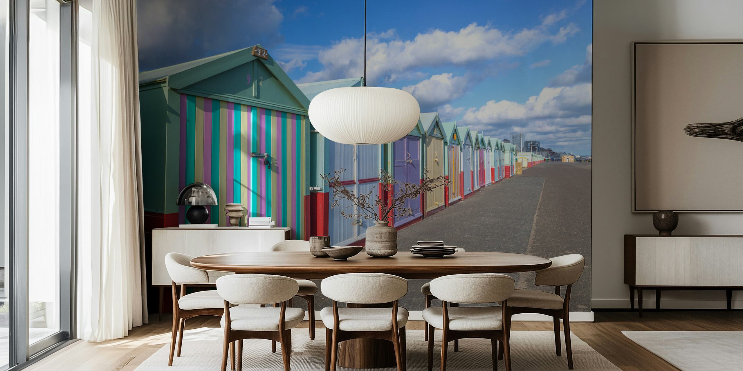 Colorful beach huts with striped patterns in pastel shades wallpaper