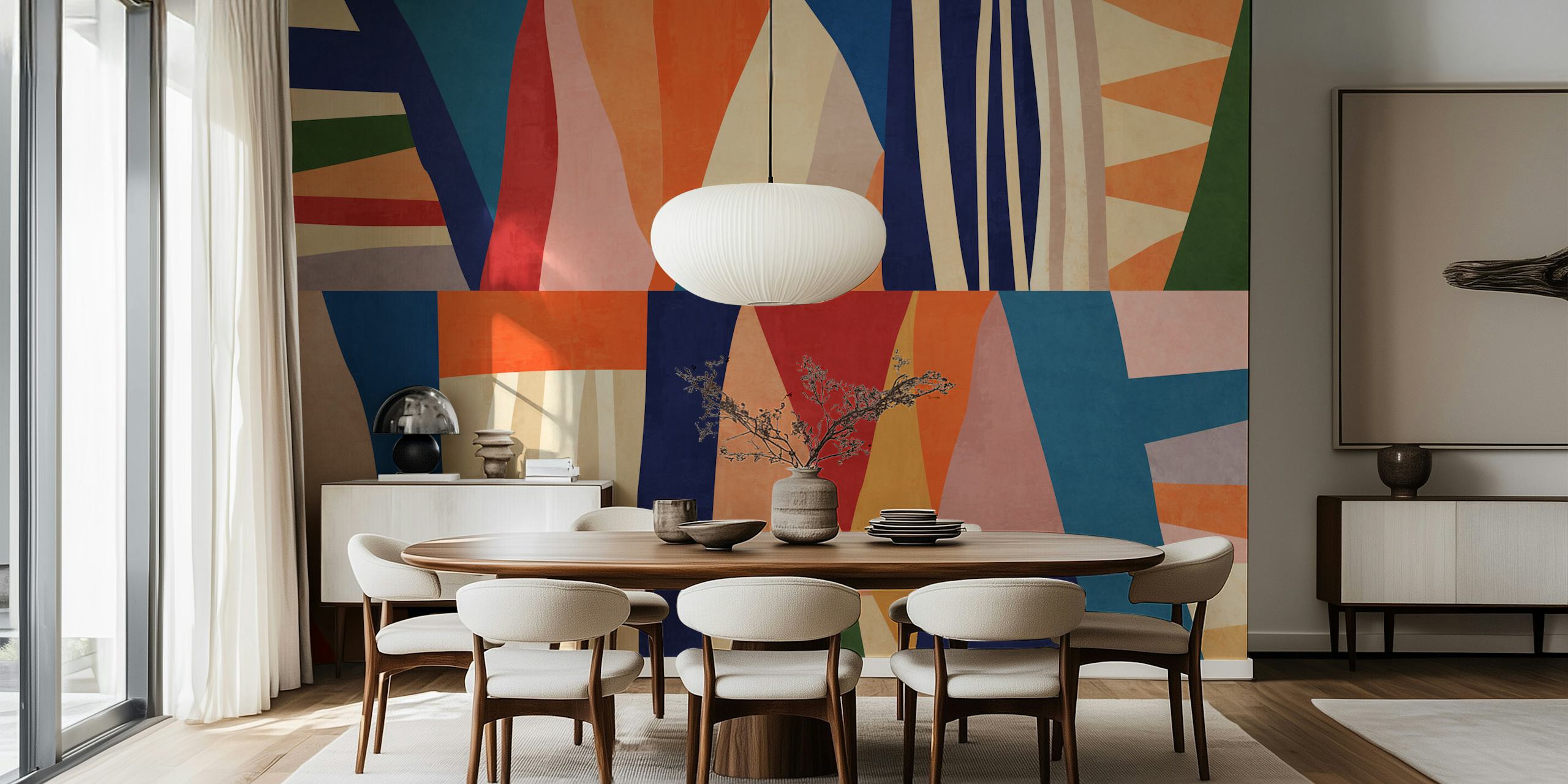 Colorful abstract shapes in red, blue, yellow, and green wallpaper