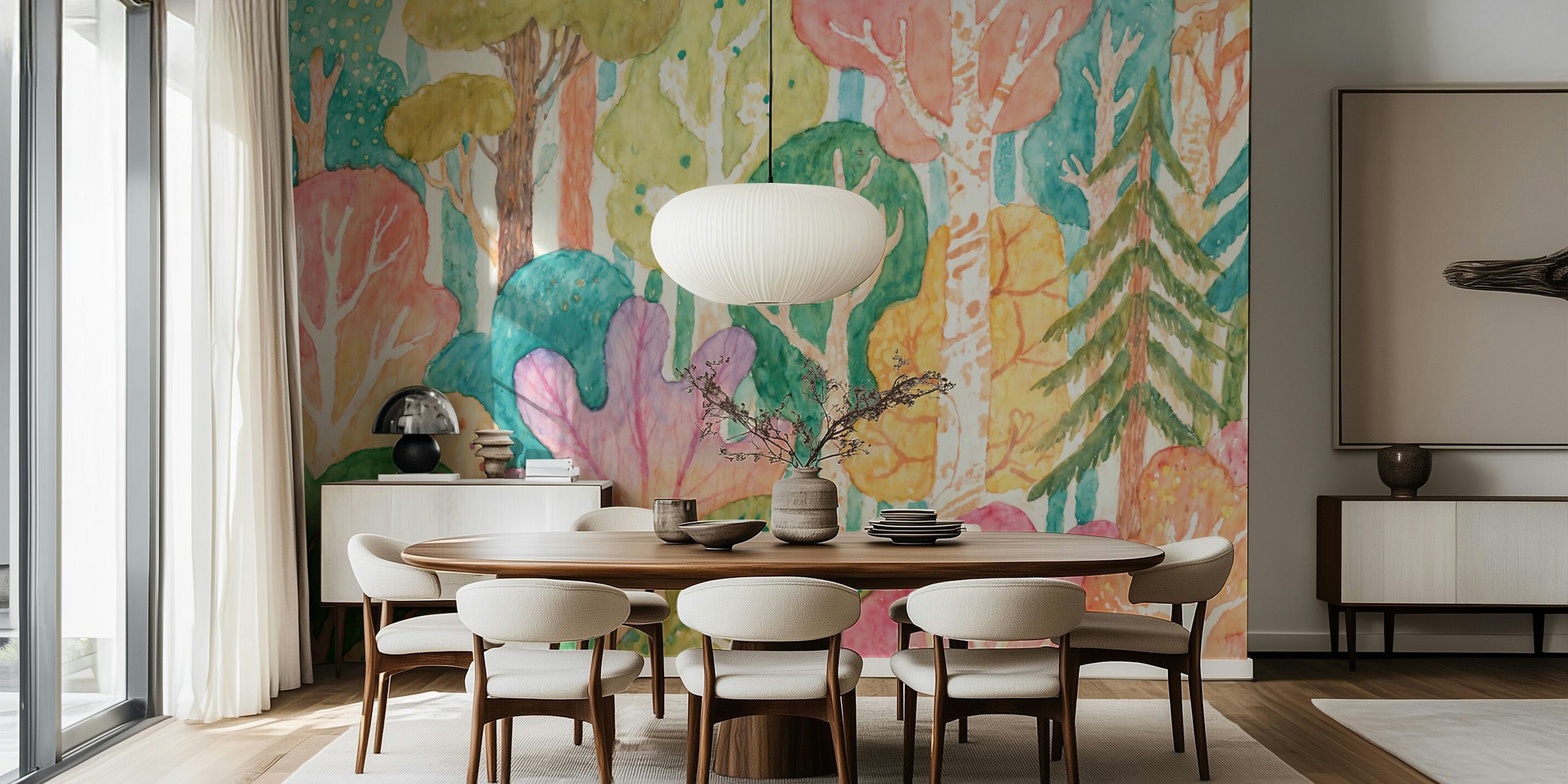 Colorful trees in shades of green, pink, and orange watercolor wallpaper