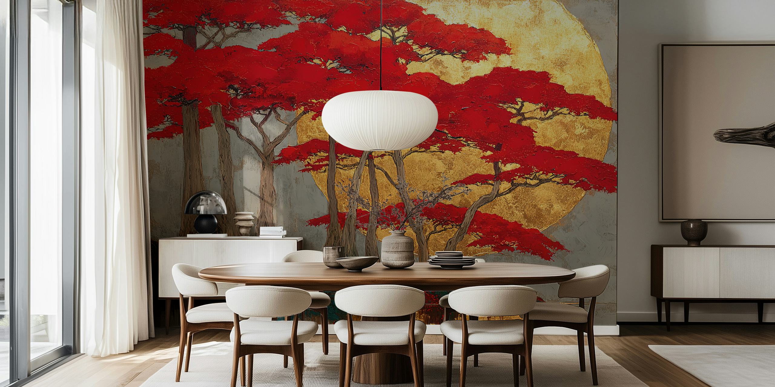 Red trees with golden background wall mural wallpaper