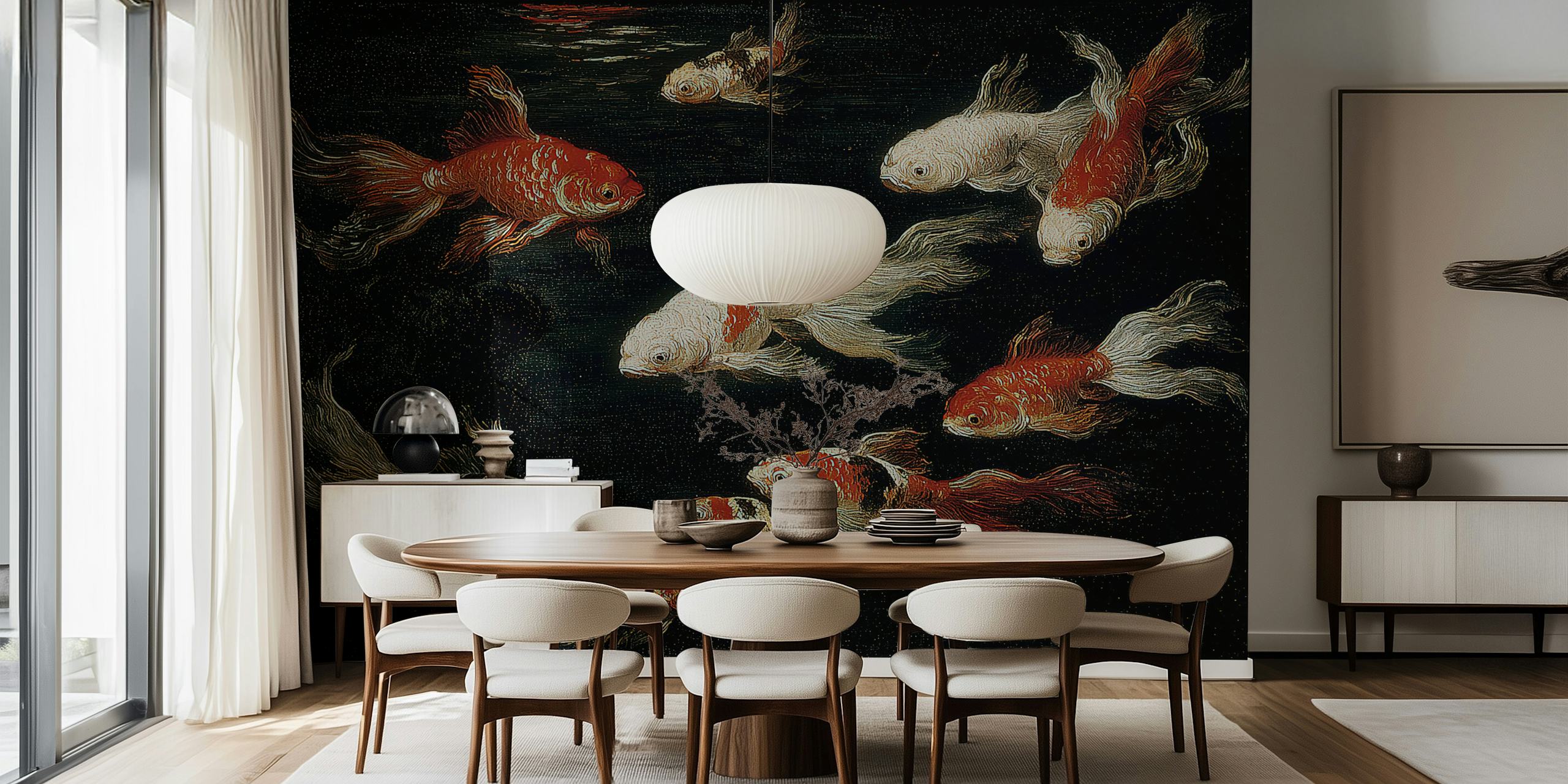 Papel pintado Koi Dark Serenity en una habitación elegante