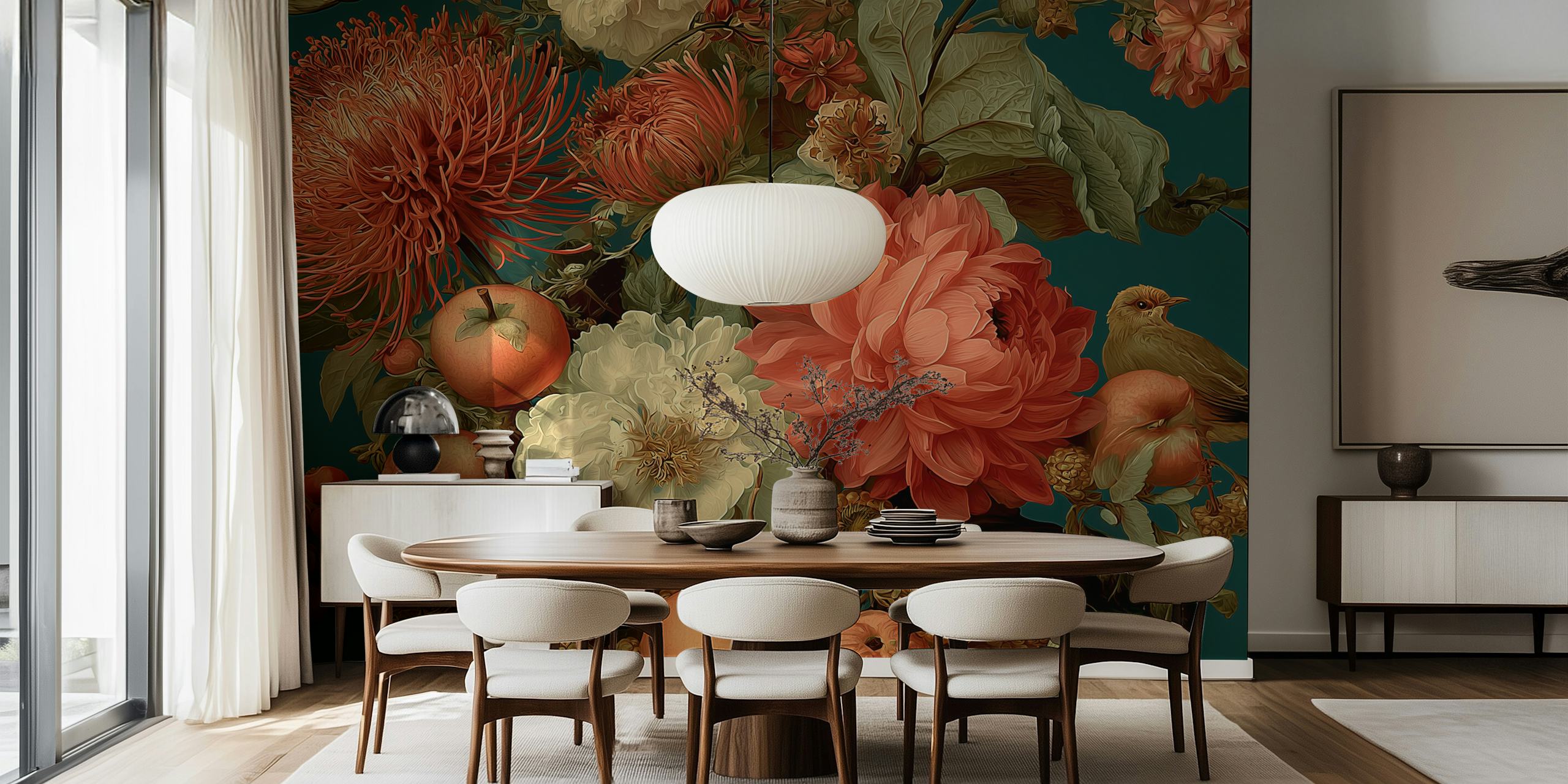 Autumn floral design with vibrant flowers and fruits in earthy colors wallpaper