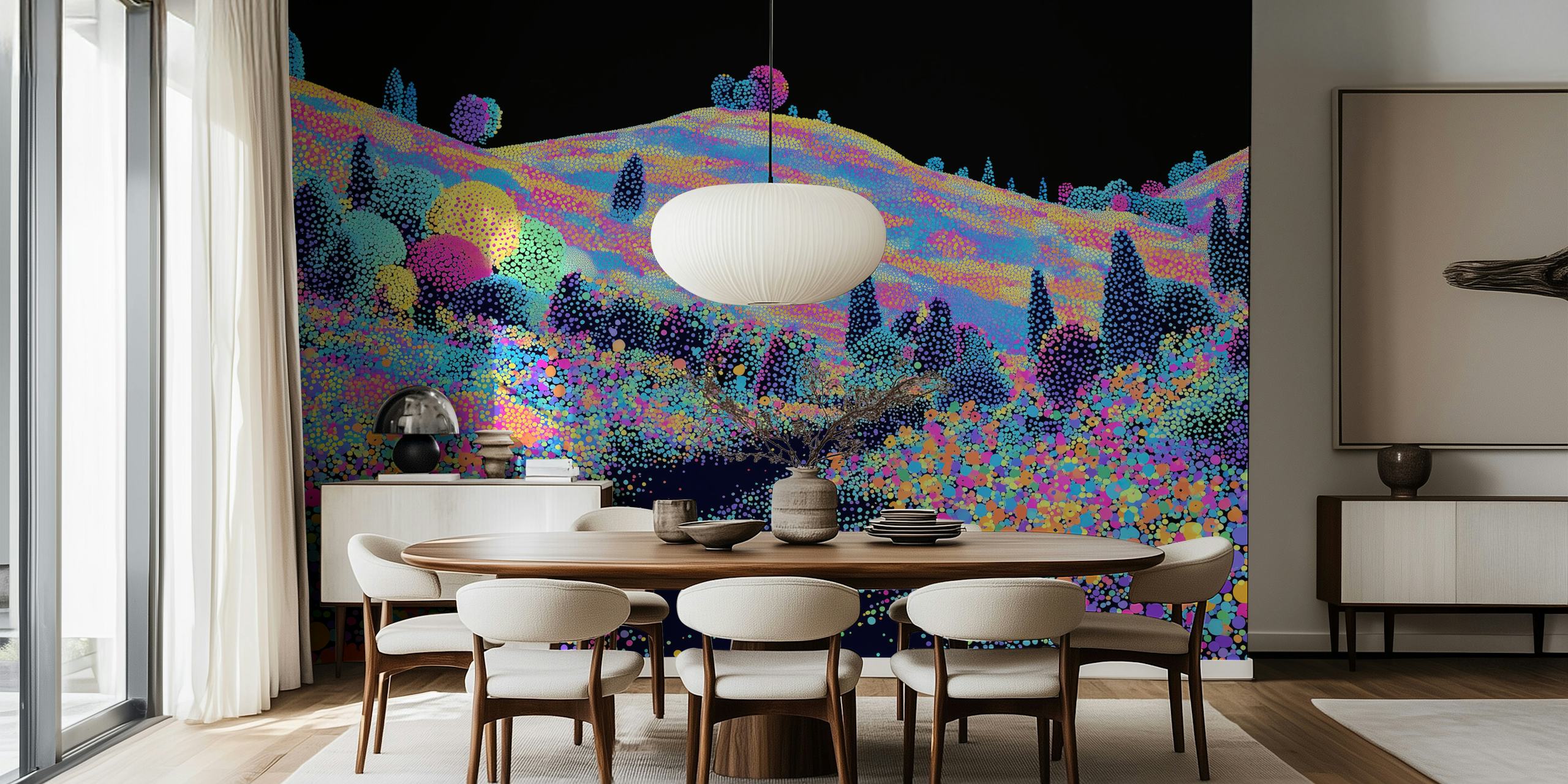 Pointillist landscape with colorful dots on black background wallpaper
