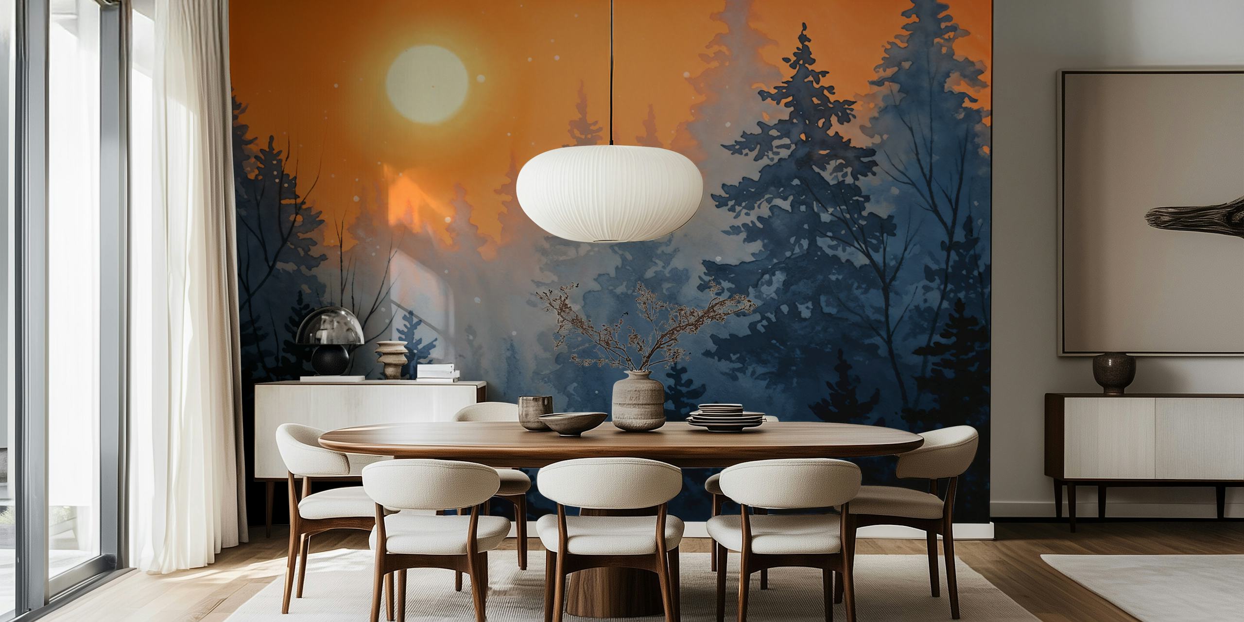 Tapeta Sunset Through Pine Forest u sobi