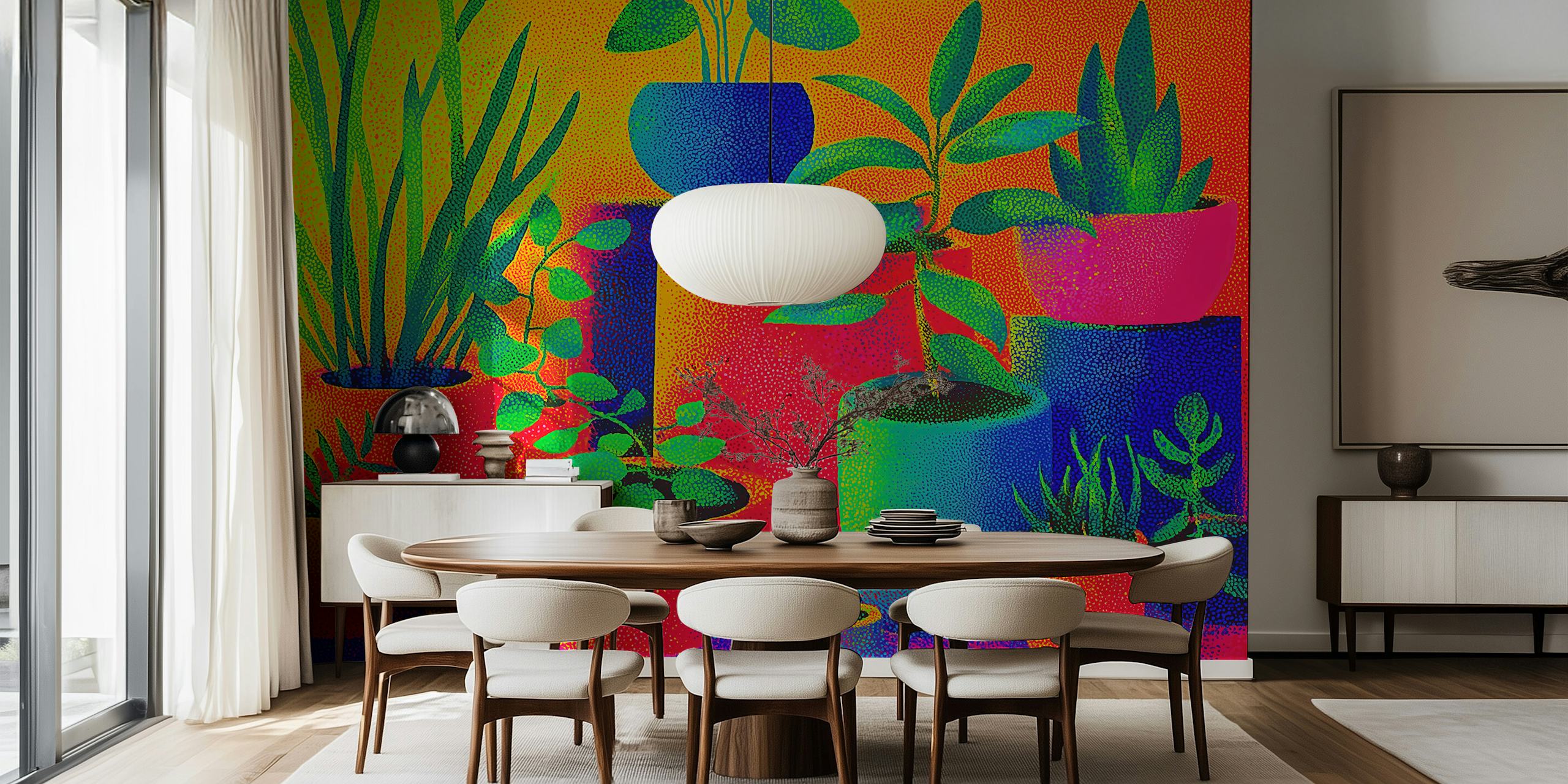 Colorful pots with plants, vibrant colors, artistic style wallpaper