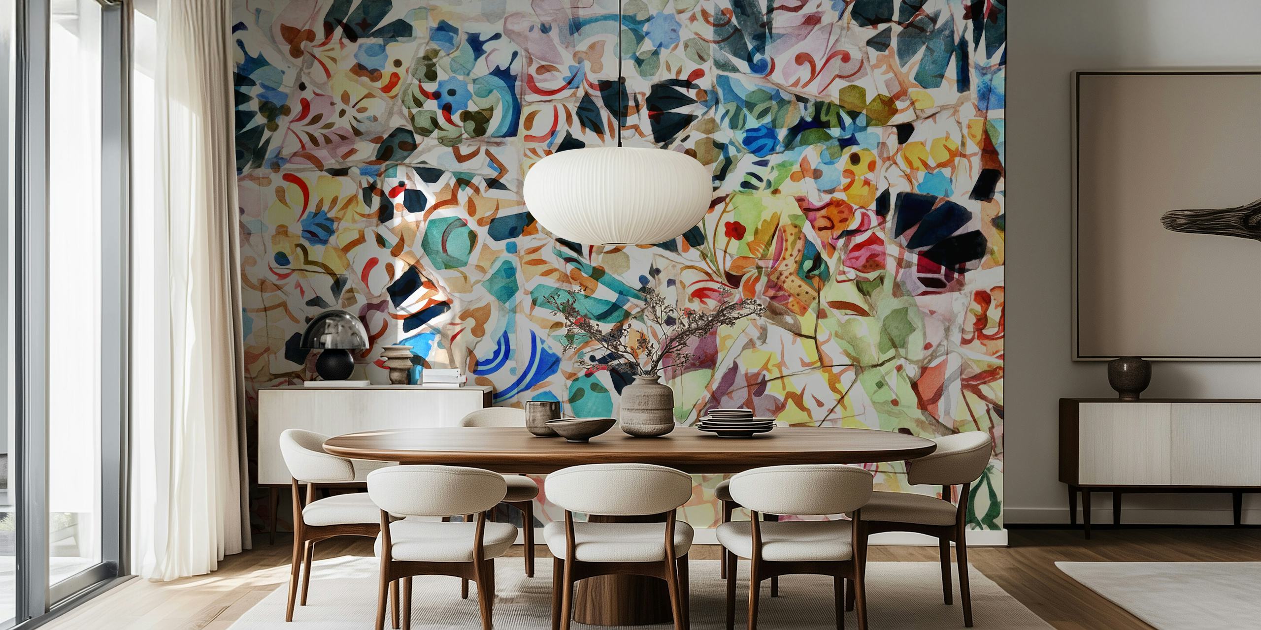 Colorful mosaic pattern with blue, green, and red accents wallpaper