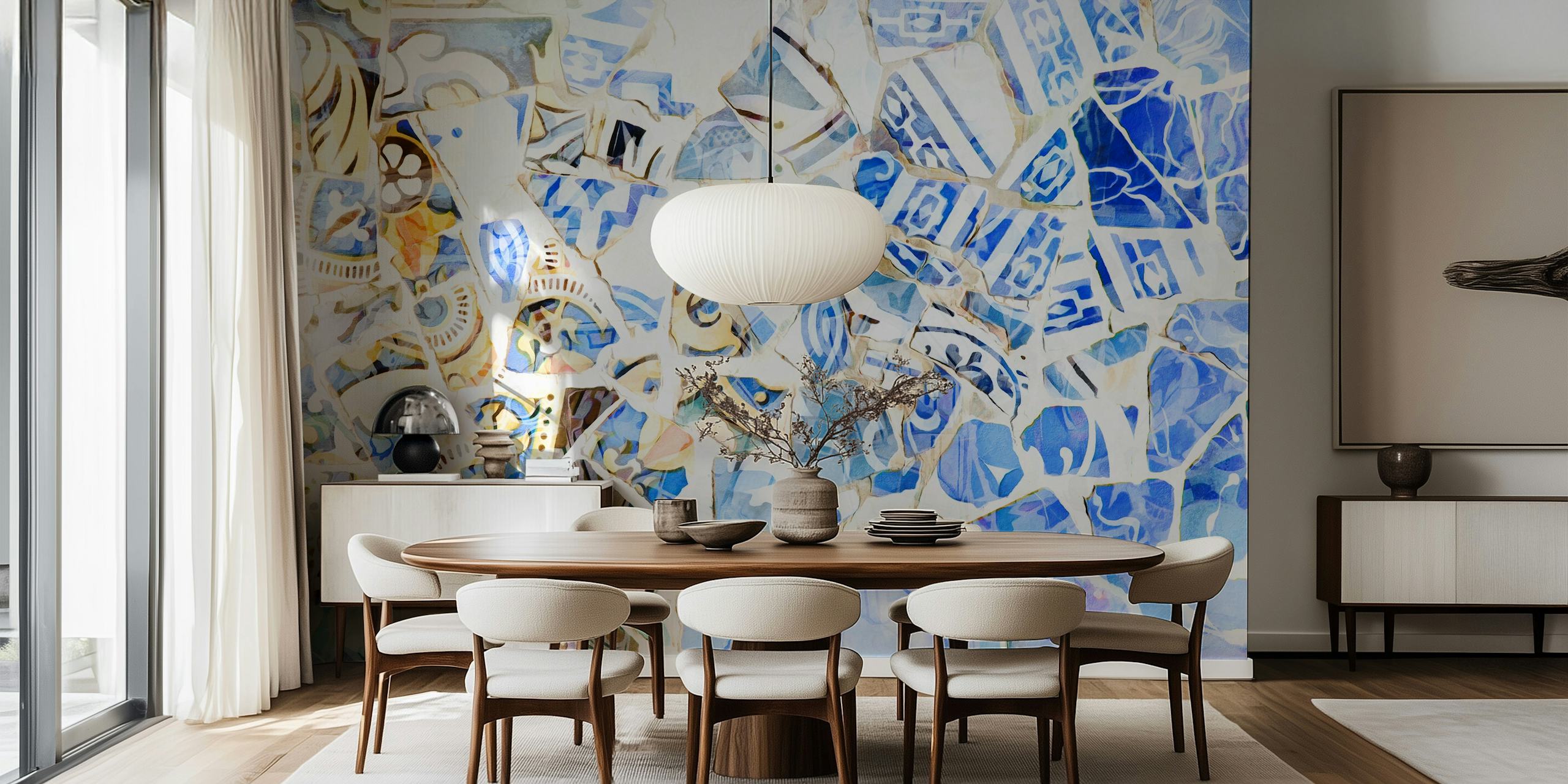 Colorful mosaic pattern in shades of blue and white wallpaper